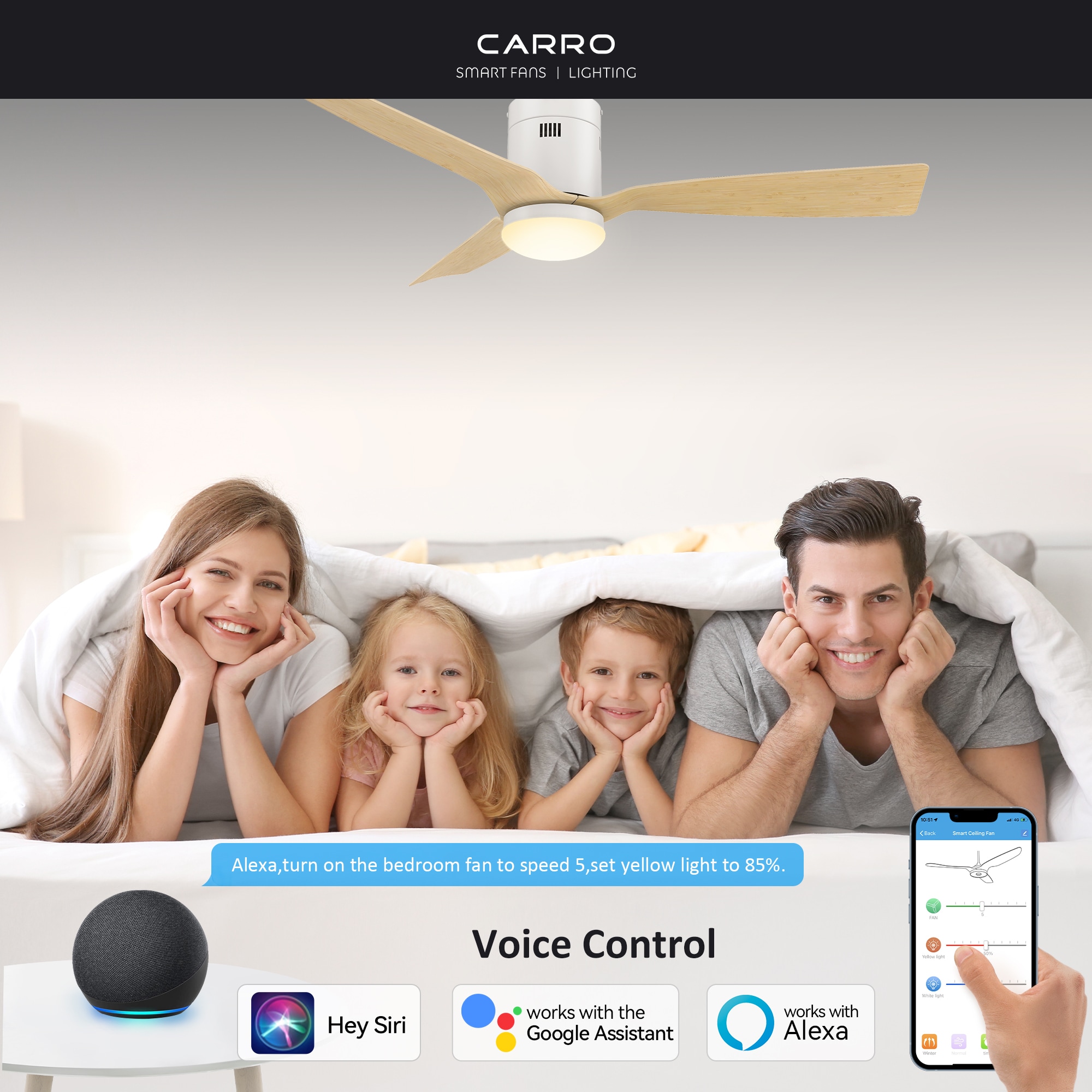 CARRO USA Striver 52-in White with Bamboo Wood Blades Indoor/Outdoor Flush Mount Smart Ceiling Fan with Light and Remote (3-Blade) LS523P-L22-WQ-1-FM Sansujyuku sansujyuku.com