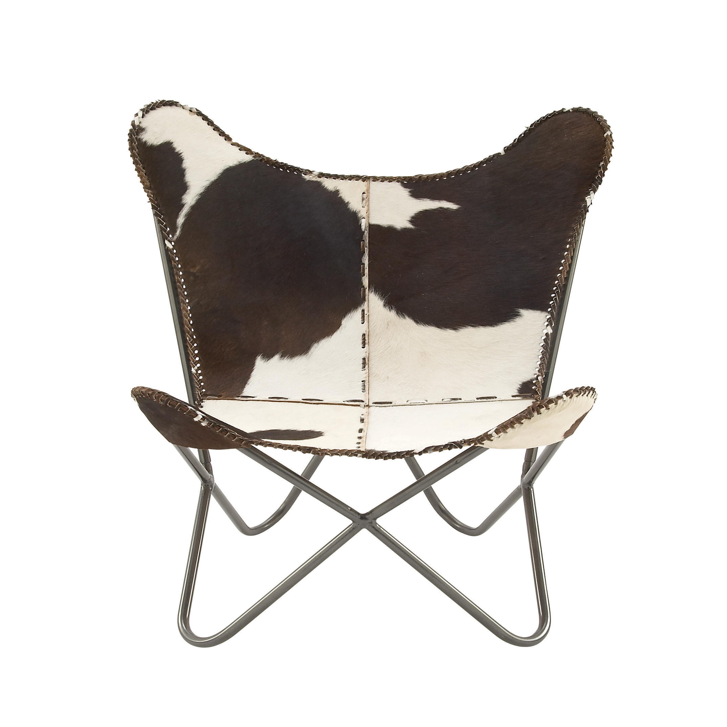 Handcrafted White Leather Butterfly Accent Chair with Metal Frame