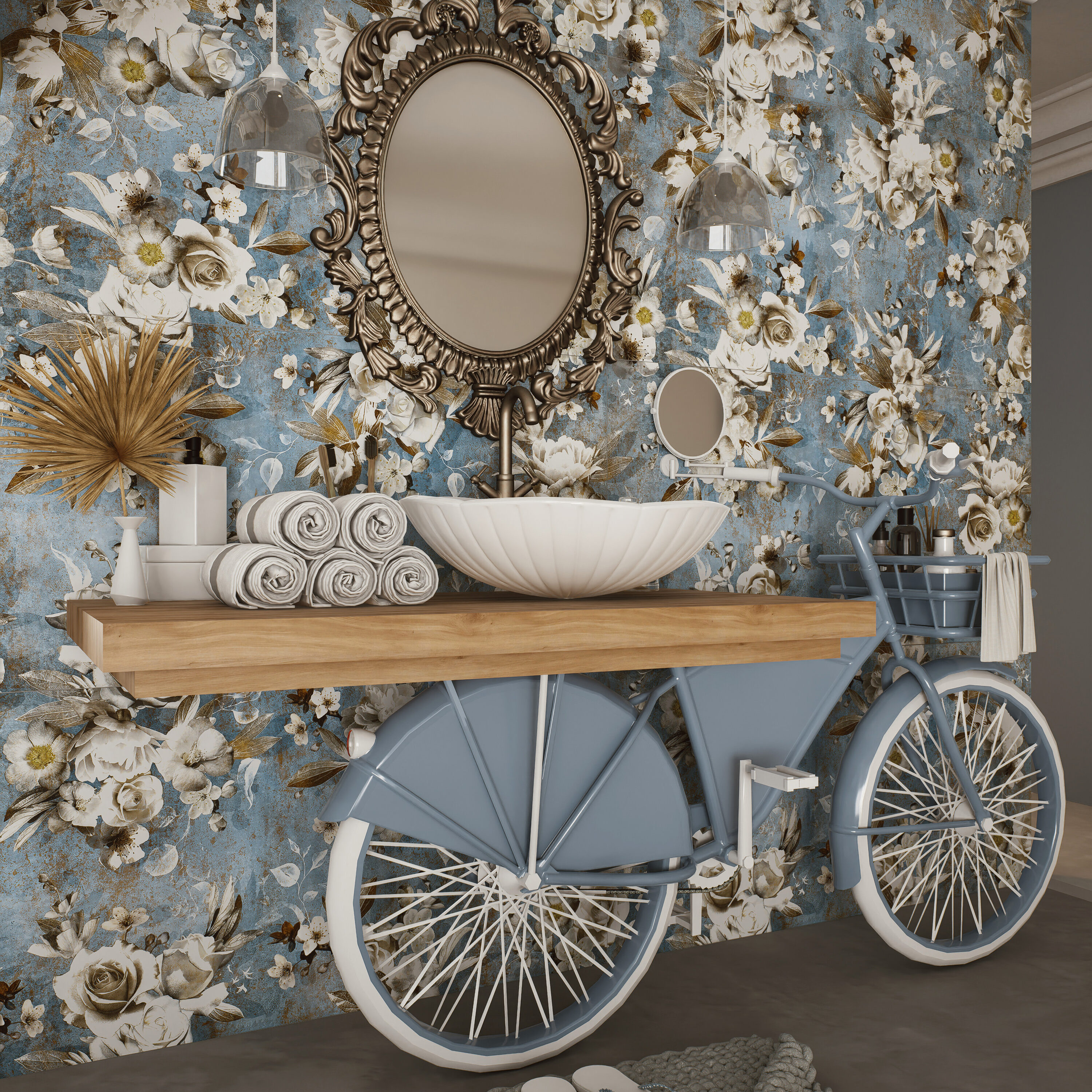 Parete Setoso Large Blue and White Glazed Porcelain Floral Tile