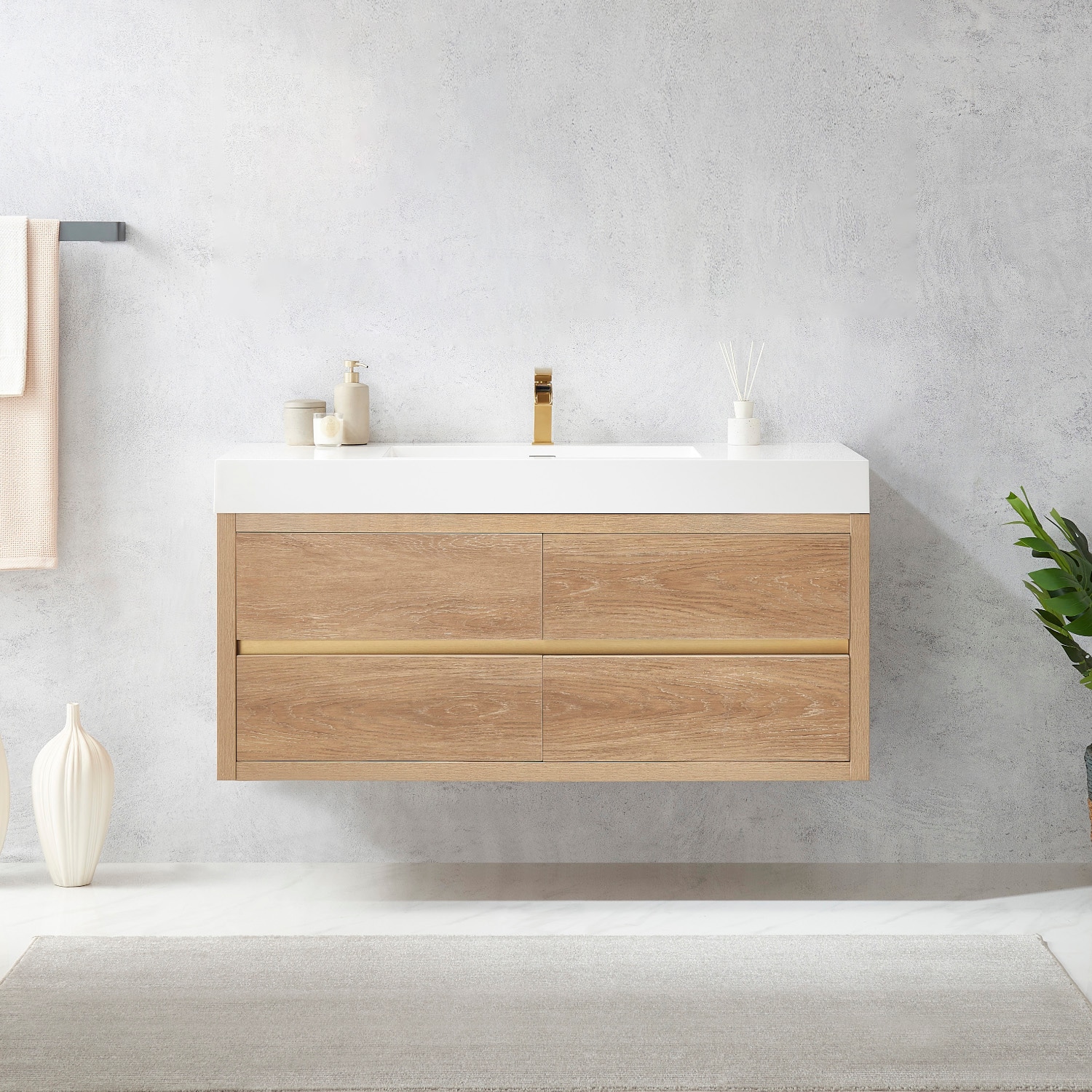 Palencia 48-in North American Oak Finish Single Sink Floating Bathroom Vanity with White Engineered Stone Top in Brown | - Vinnova 703148-NO-WH-NM
