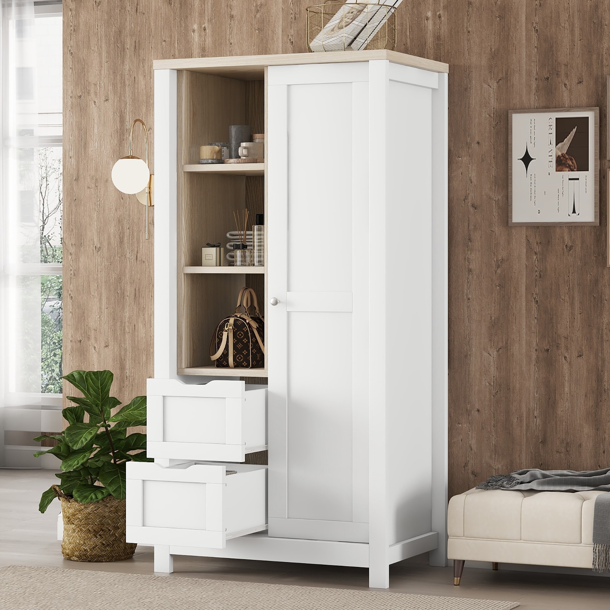 ModernLuxe GX001835AAK Bedroom Storage Wardrobe with Hanging Rods and 2 Drawers and Open ShelvesSliding DoorWhite