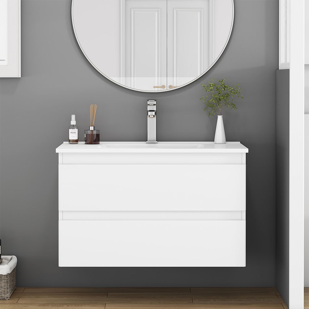 Afhocomp 32 in. Single Sink Wall-mount White Bath Vanity with White ...