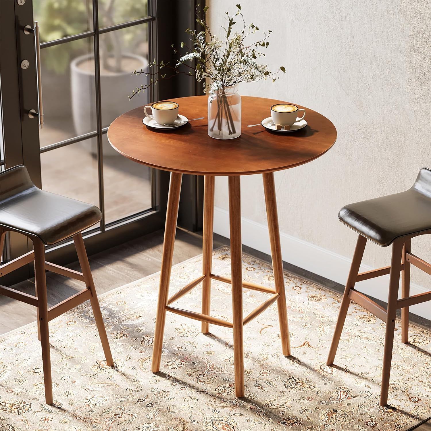 Tribesigns Rustic Walnut Solid Wood Bar Table 39.37-Inch Round Bistro Table with Sturdy Frame for Living Room Dining Room Small Space