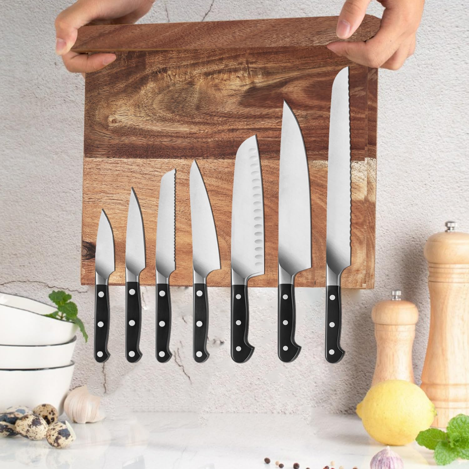 Adrinfly  Magnetic Knife Block Super Large Sixteen Inch Double Side Magnetic Knife Holder Rack for Kitchen Counter Strong Magnet Acacia Wood