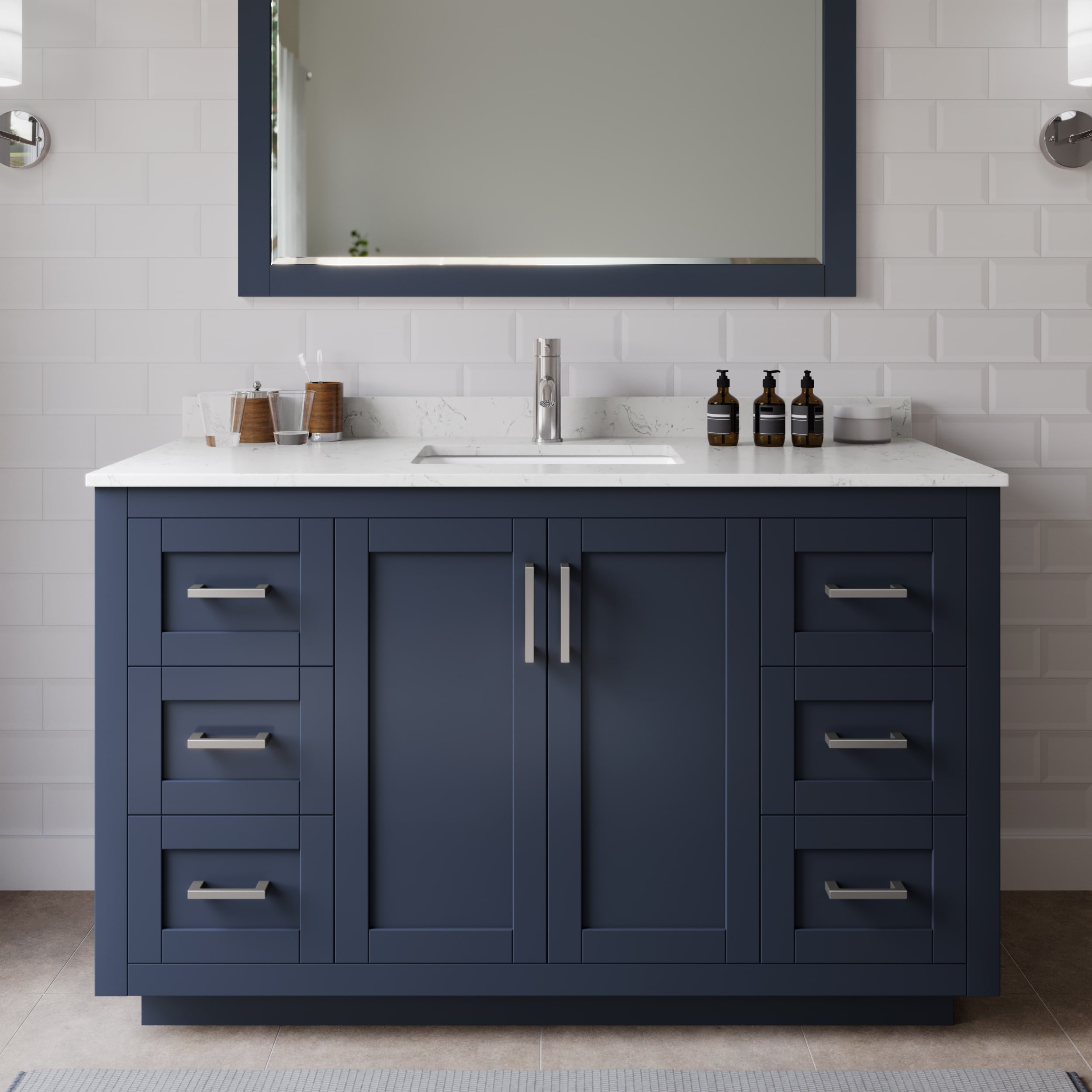 Wyndham Collection WCF292954SBNC2UNSMXX Miranda 54-in Dark Blue with Brushed Nickel Trim Undermount Single Sink Bathroom Vanity with Carrara Cultured Marble Top