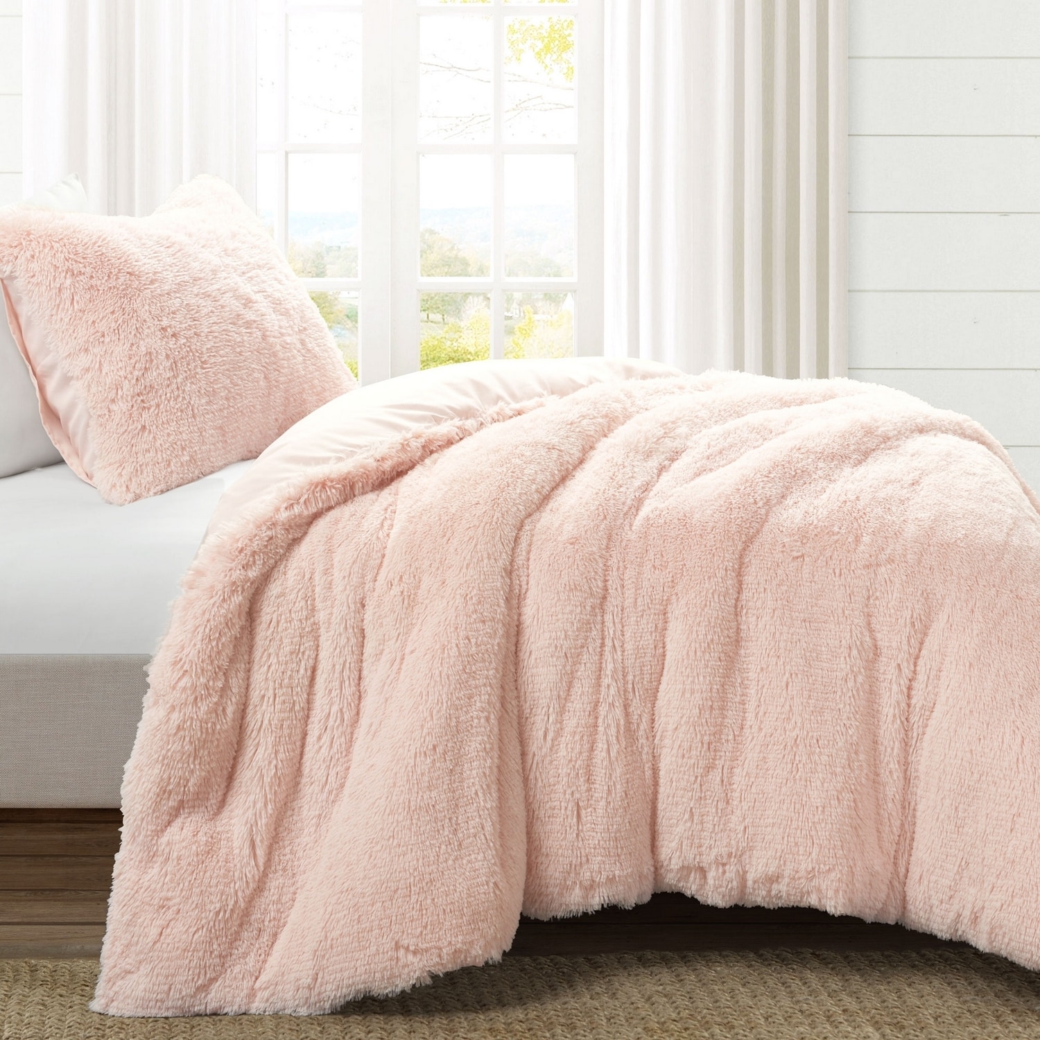 Blush Twin Faux Fur Comforter Set with Pillow Sham