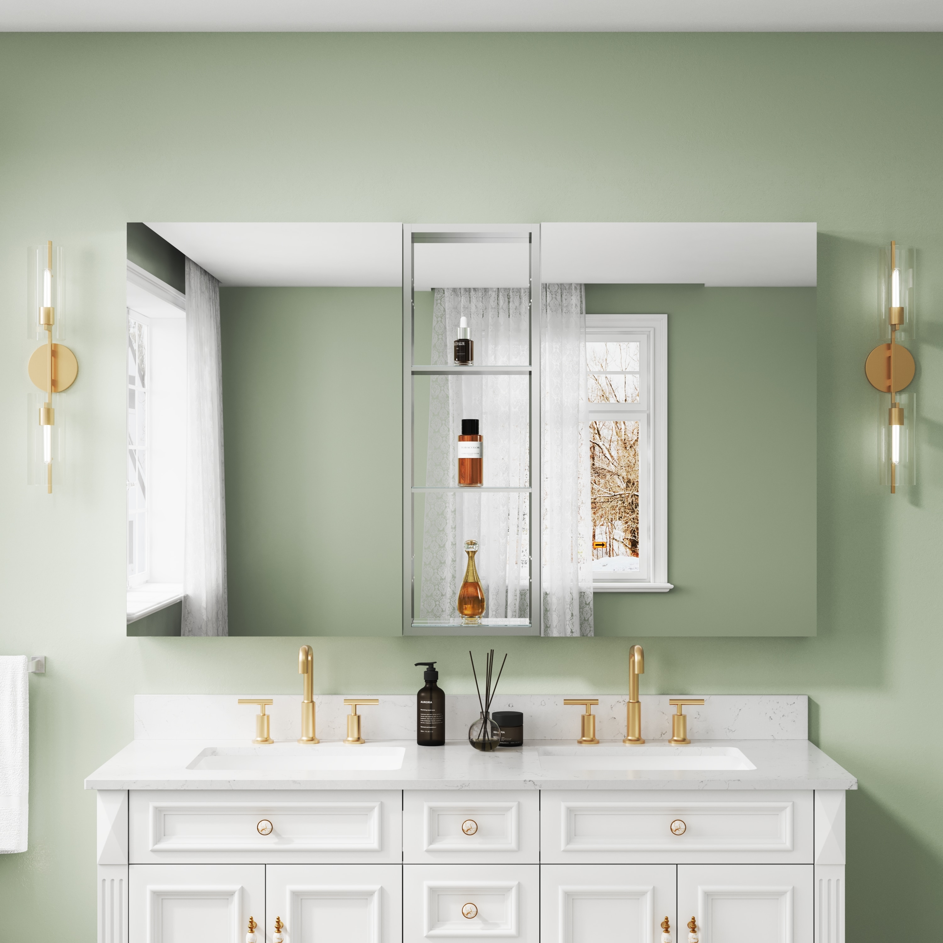 Forclover Medicine Cabinet 60-in x 36-in Surface/Recessed Mount Chrome Mirrored Rectangle Soft Close Medicine Cabinet