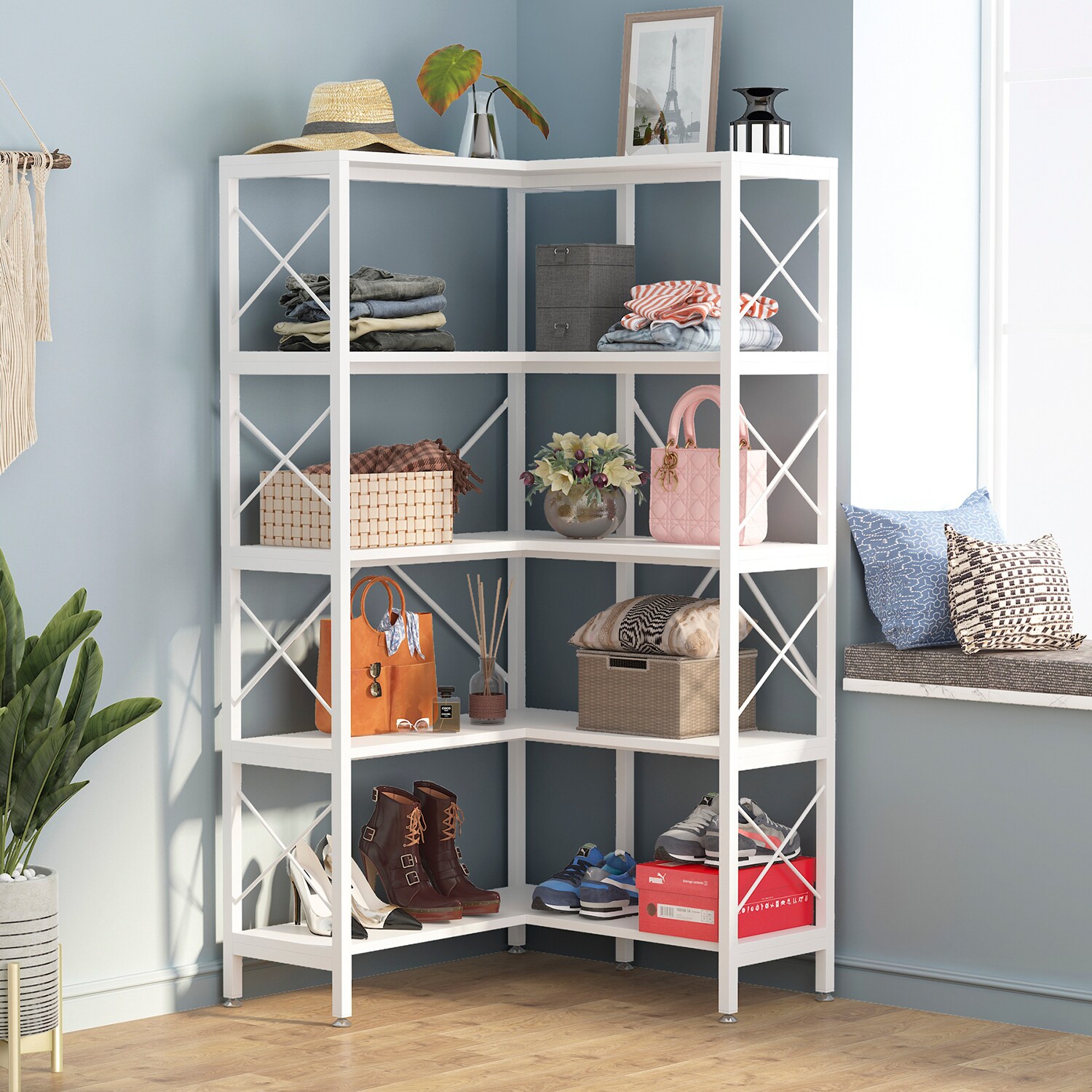 TribeSigns Tribesigns White Corner Shelf, 5 Tier Wood Wall Corner