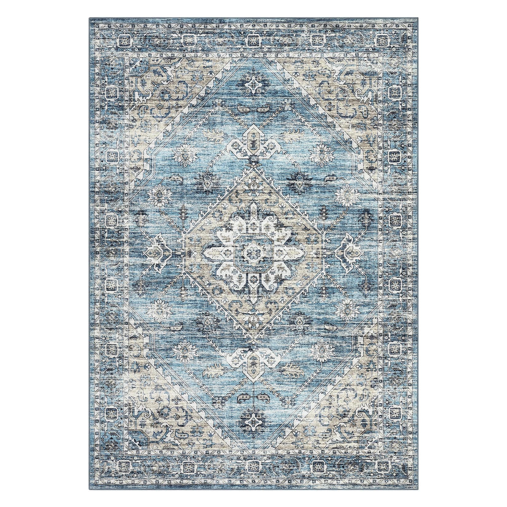 Qeetex LSN-PHK-33EUM5S8 8 x 10 ft Polyester Cashmere Imitation Blue Rectangular Hallway Bathroom Entryway Kitchen Office Foldable Geometric Persian Washable Area Rug