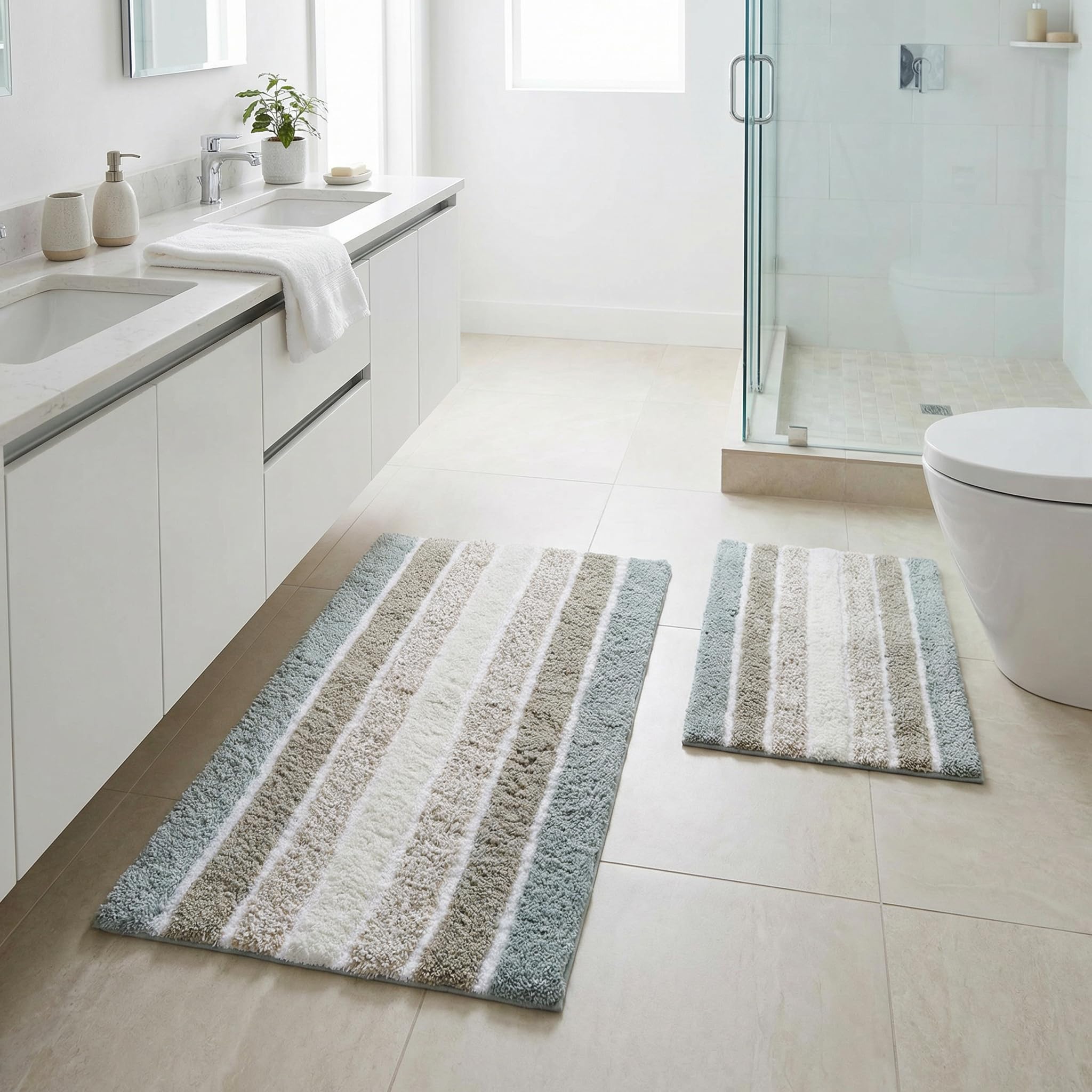 PUPWE Ultra Soft Non Slip Absorbent Cotton Bath Mats Quick Dry Washable Neutral Bathroom Rugs Set of 2