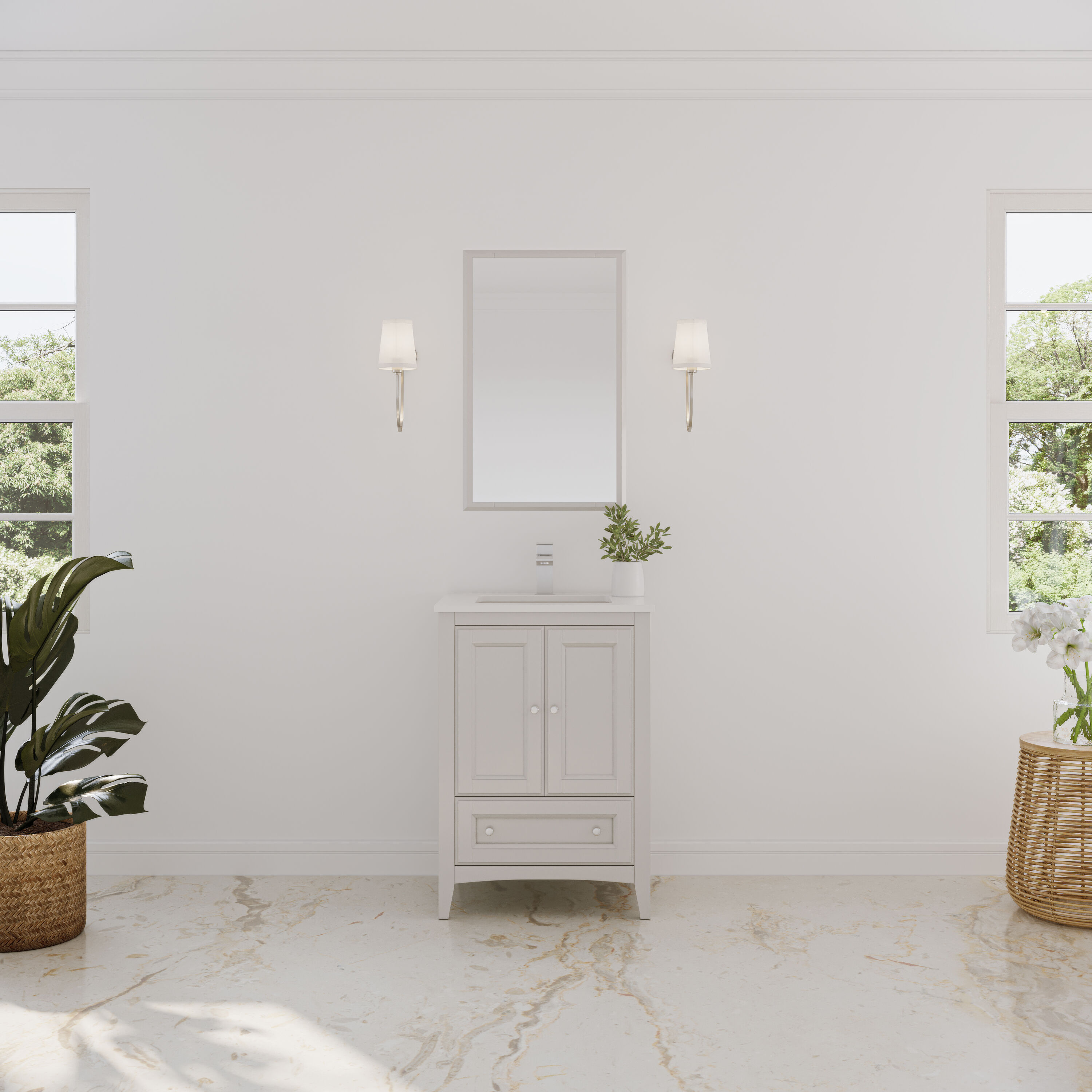 Fresca FVN2024AW Oxford 24-in Antique white Undermount Single sink Bathroom Vanity with White Quartz Top (Mirror Included)