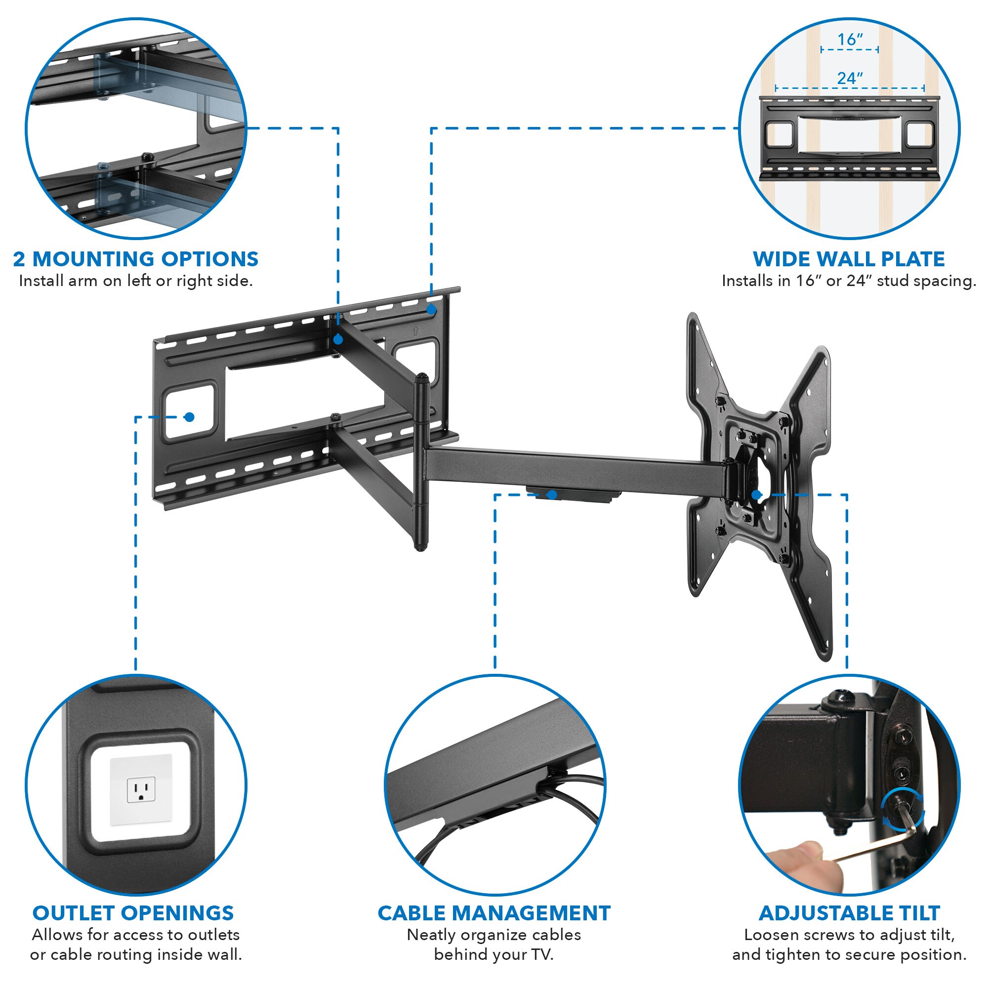 Mount-It! MI-393 Full Motion Indoor Wall Tv Mount Fits TVs up to 60-in ...