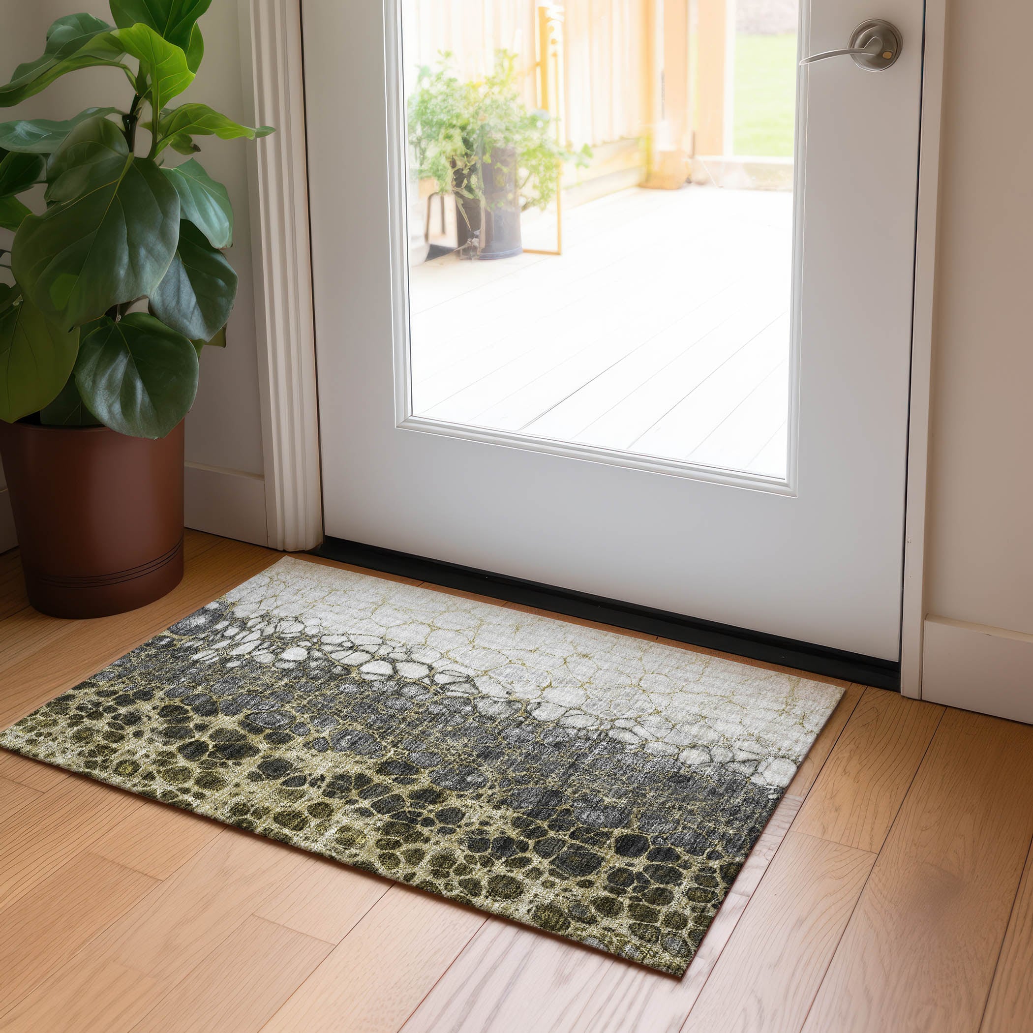 Beige and Gray Synthetic Washable Non-slip Area Rug 1'8" x 2'6"