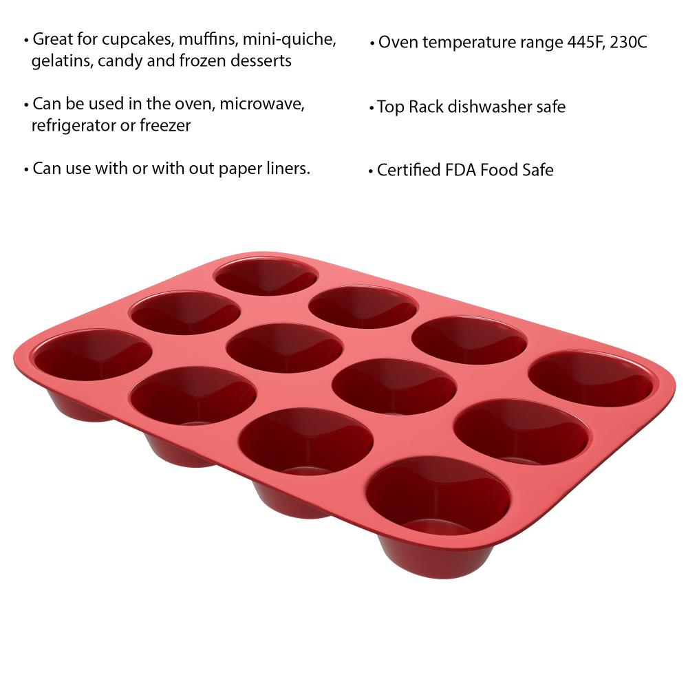 100% NON-STICK SUITABLE FOR OVEN USE PERFECT FOR FREEZING PACK 2-6 CUP LARGE SILICONE MUFFIN CUP CAKE BUN TRAY MICROWAVE SAFE AND DISHWASHER SAFE 