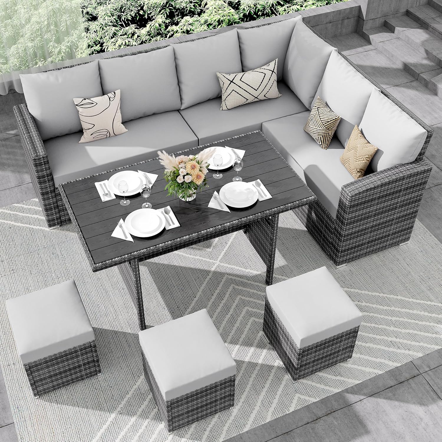 Qeetex WWJ-PHO-12MGSJN1 9 Seat Outdoor Patio Furniture Set with Dining Table and Ottomans