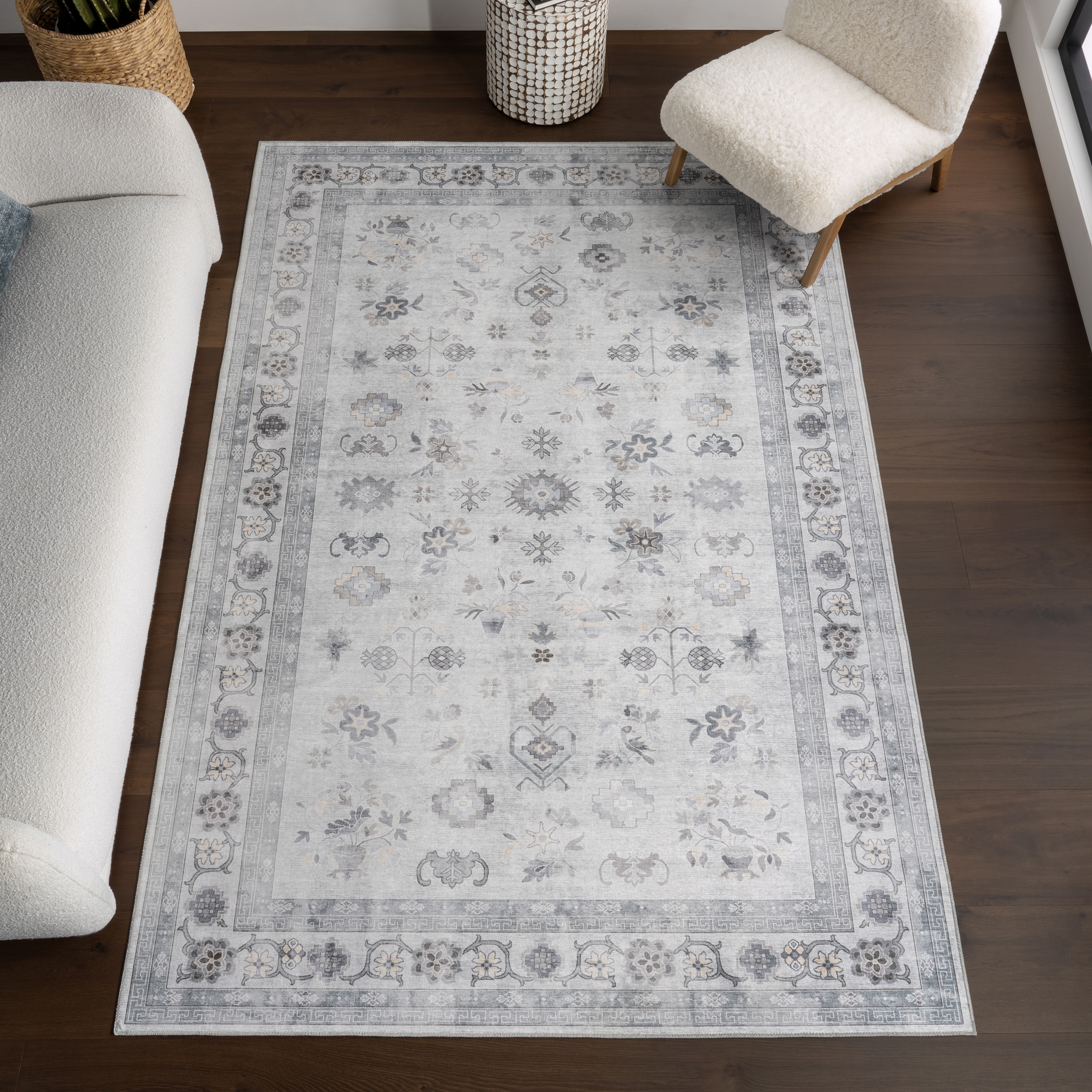 nuLOOM 200BIVL104B-609 Verity SplashGuard Traditional Medallion Machine Washable 6ft. x 9ft. Light Grey Area Rug