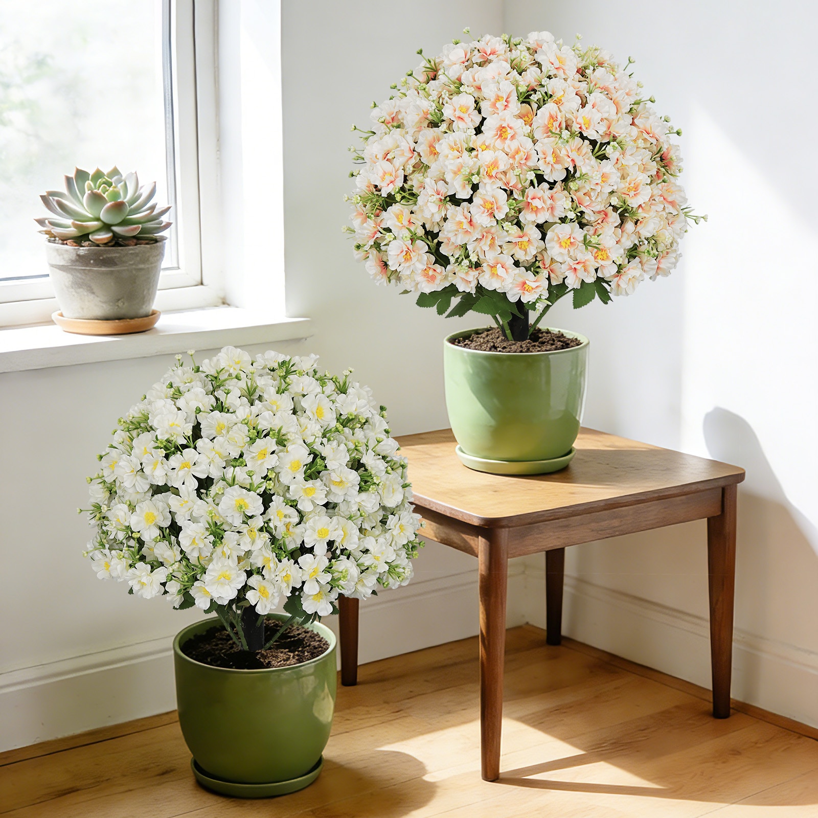 Wooakway 2 Pots 24-Inch Faux Flower Artificial Snow Lotus Potted Plant ...