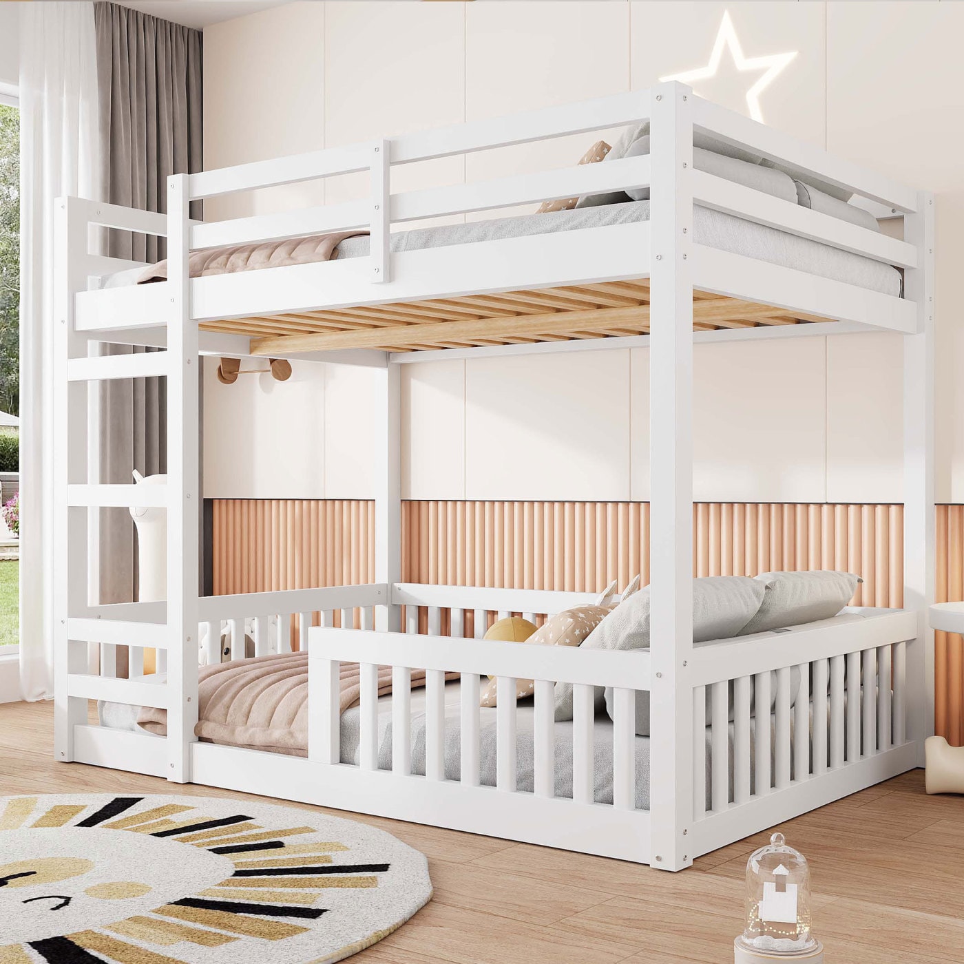 CHITA Full Size over Full Size Modern Wood Bunk Bed with Storage Space Ladder Guardrails No Box Spring Needed White