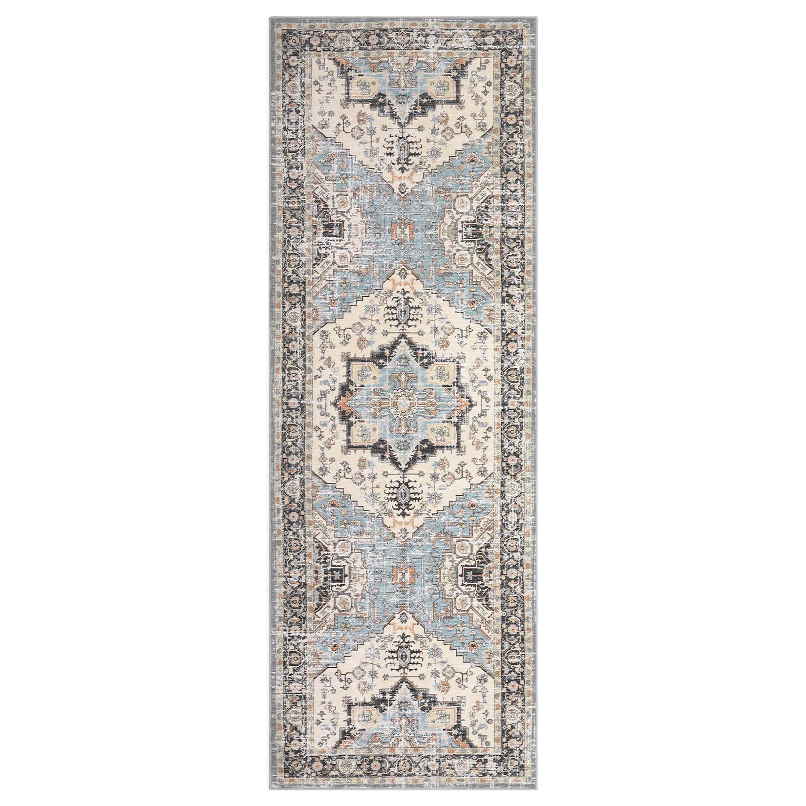 Qeetex LSN-PHO-13GD935G 2 x 6 ft Polyester Pearl Velvet Beige Blue Rectangular Hallway Bathroom Entryway Kitchen Office Foldable Flower Printed Persian Washable Area Rug