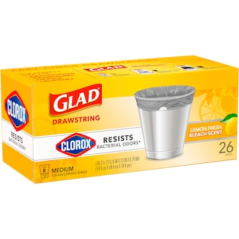 Glad with Clorox 8-Gallons Lemon Fresh Bleach Gray Plastic Wastebasket Drawstring  Trash Bag (26-Count) in the Trash Bags department at