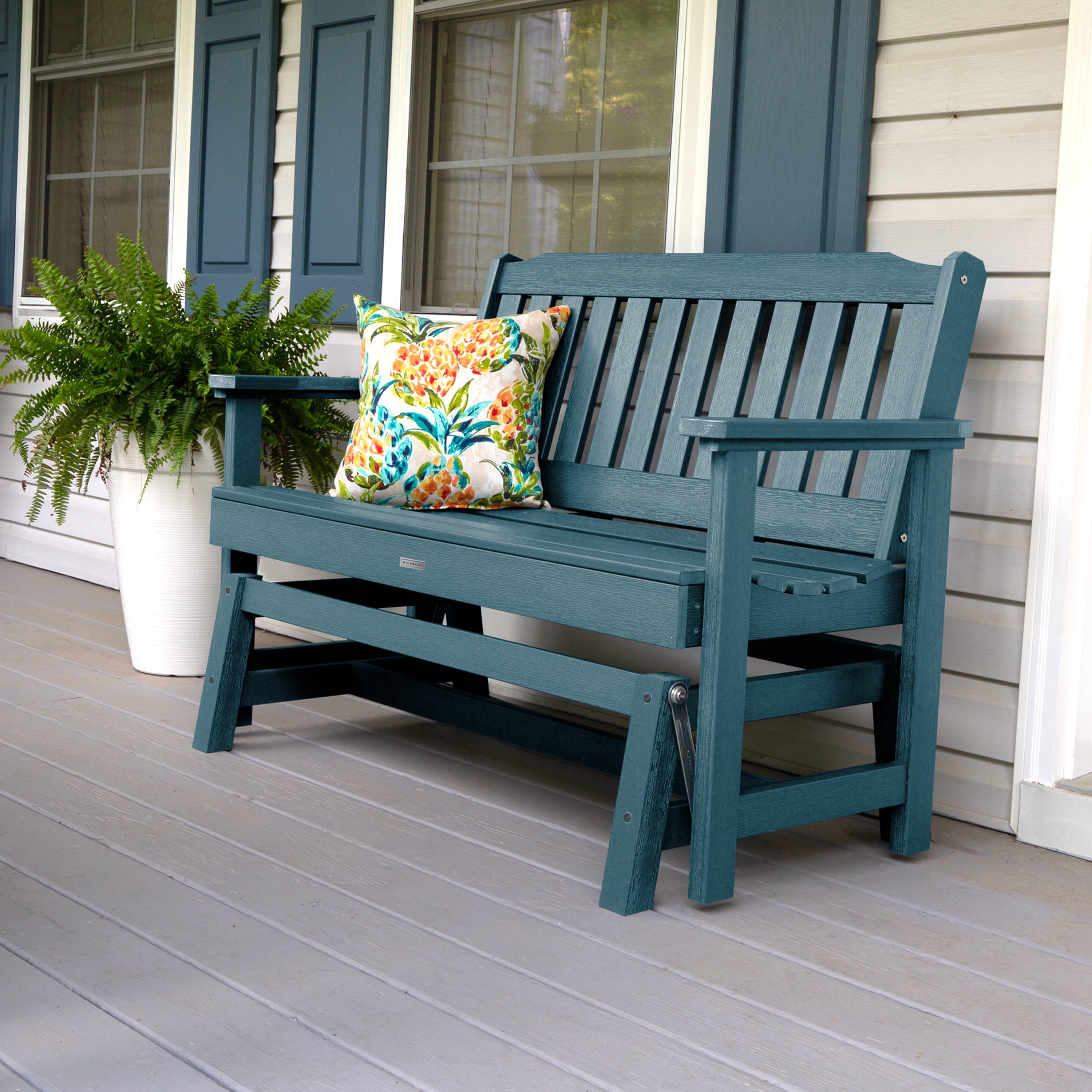 highwood AD-GLBENLH2-NBE The Lehigh 50.09-in W x 35.59-in H Nantucket Blue Plastic Garden Bench