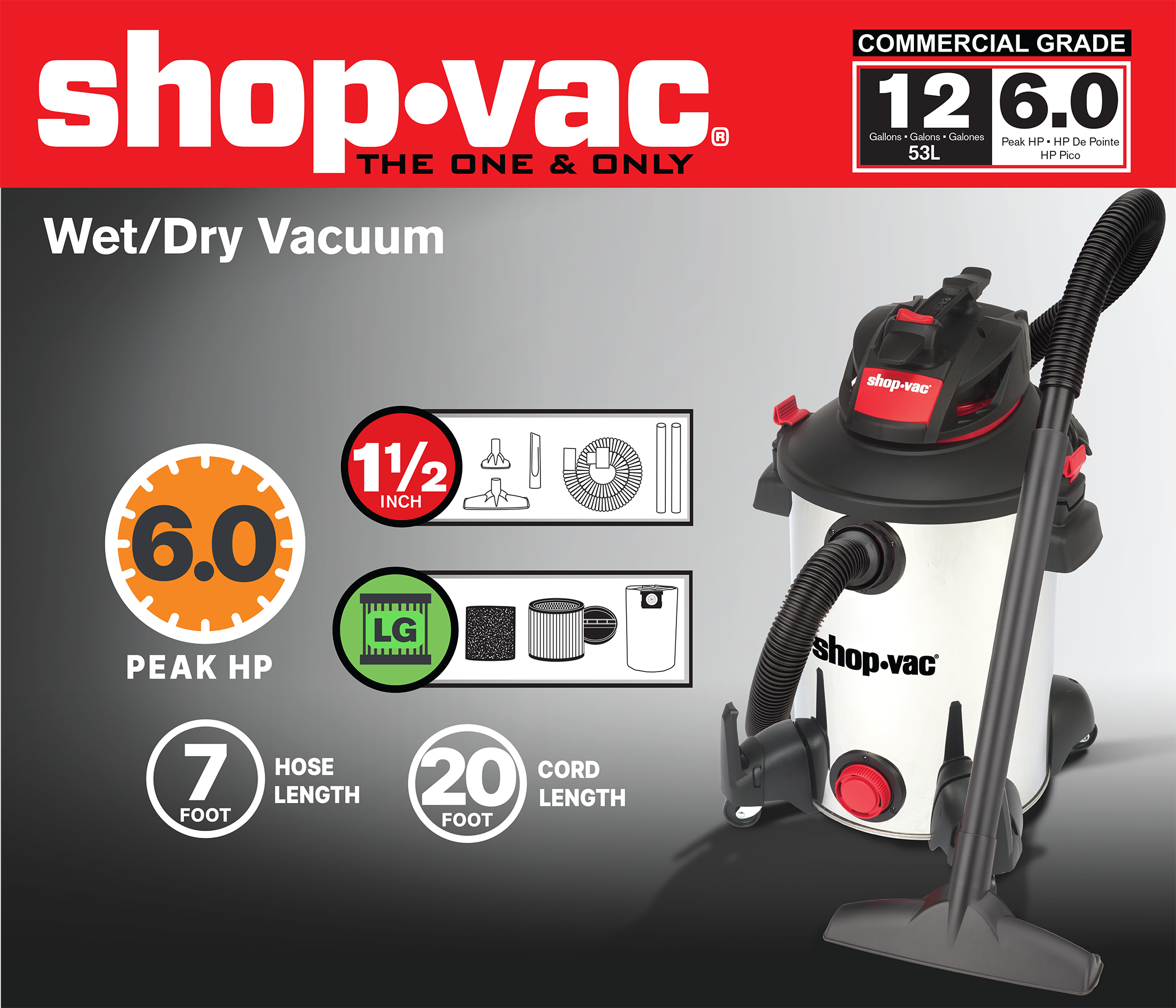 Shop-Vac® 12 Gallon* 6.5 Peak HP** Single Stage Professional Wet/Dry Vac
