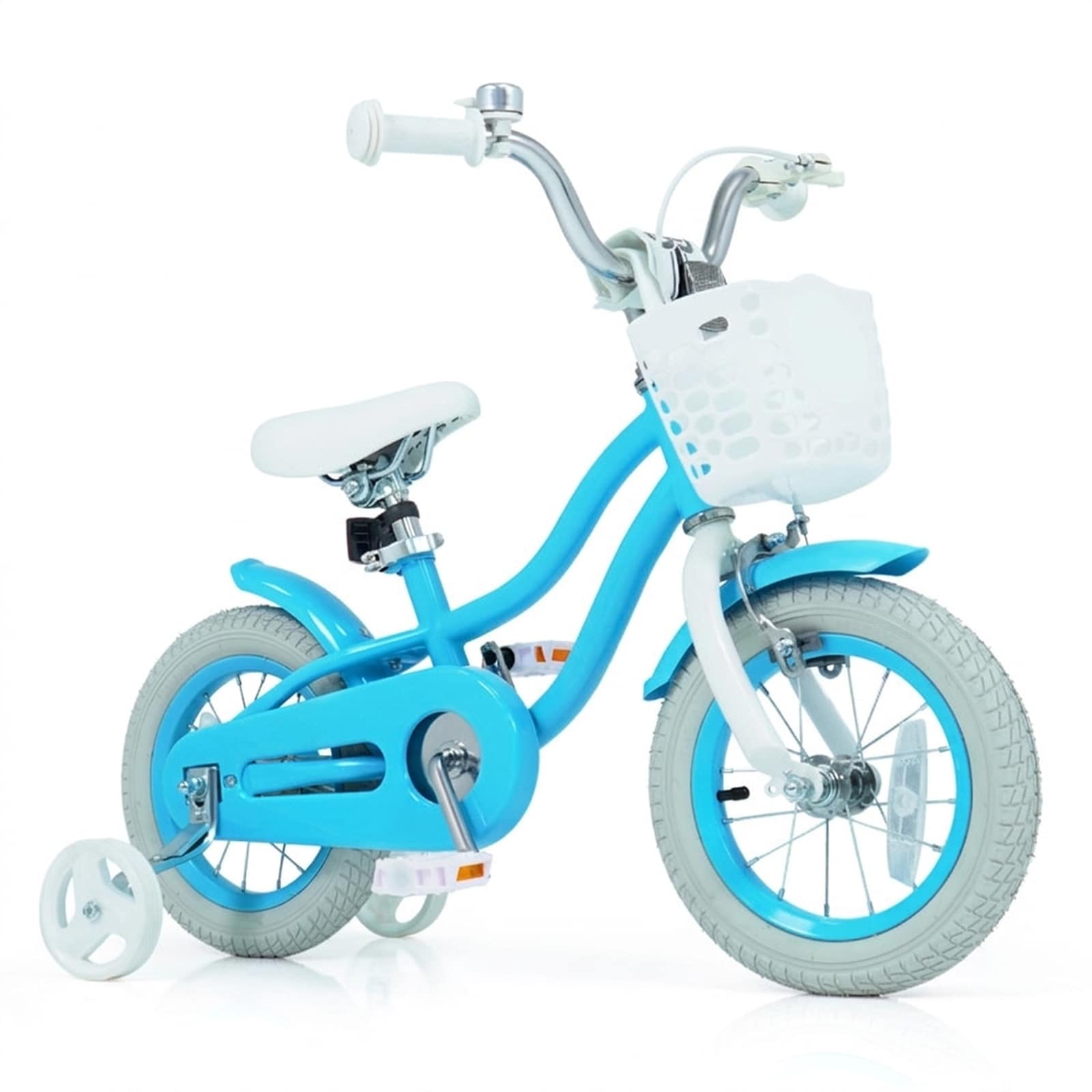 SUGIFT 12-in Kids Bike with Training Wheels for Toddlers Ages 3 to 4 Dual Hand and Coaster Brakes Adjustable 17.5-in to 21.5-in Seat Height Removable Front Basket Enclosed Chain Guard Pneumatic Tires and Carbon Steel Kids Bicycle in Blue