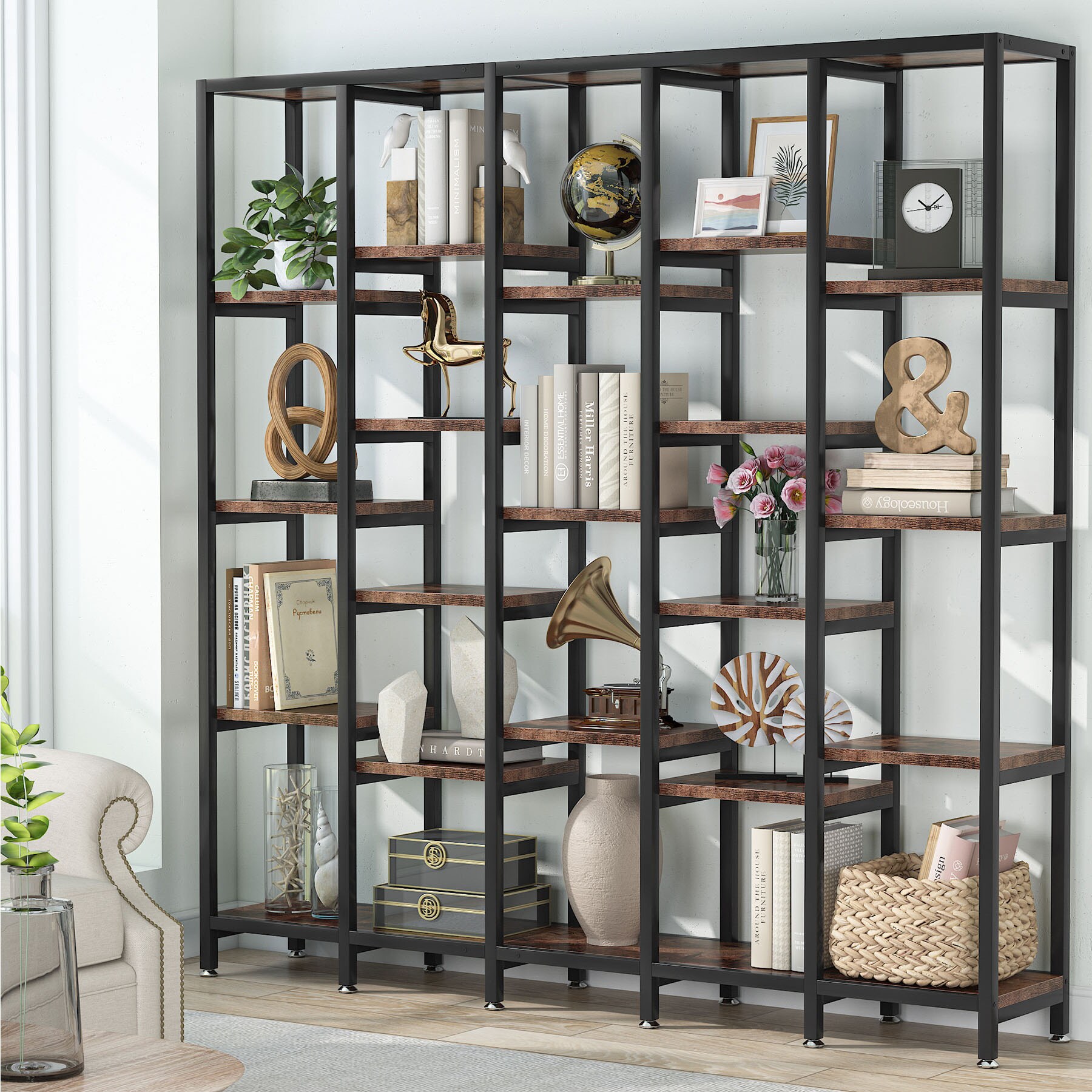 allen + roth Distressed Brown Metal 5-Shelf Bookcase (31.5-in W x 60-in H x  17.75-in D) in the Bookcases department at