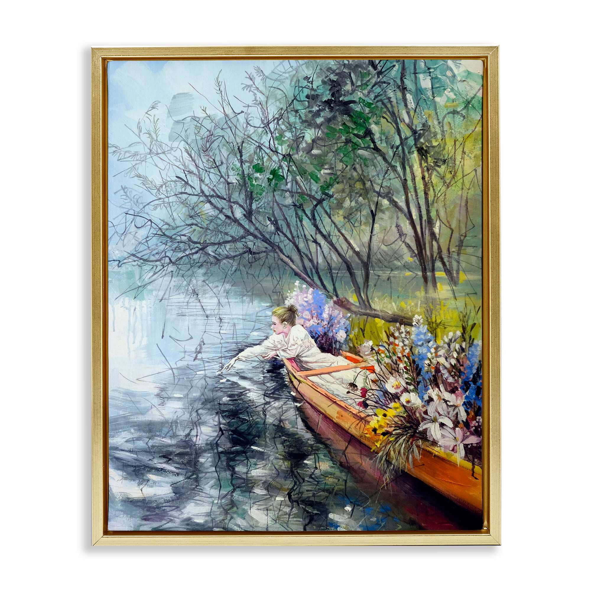 Stupell Industries  Woman in Floral Filled Boat Gold Framed Floater Canvas Wall Art By Lucille Lee 25 x 31