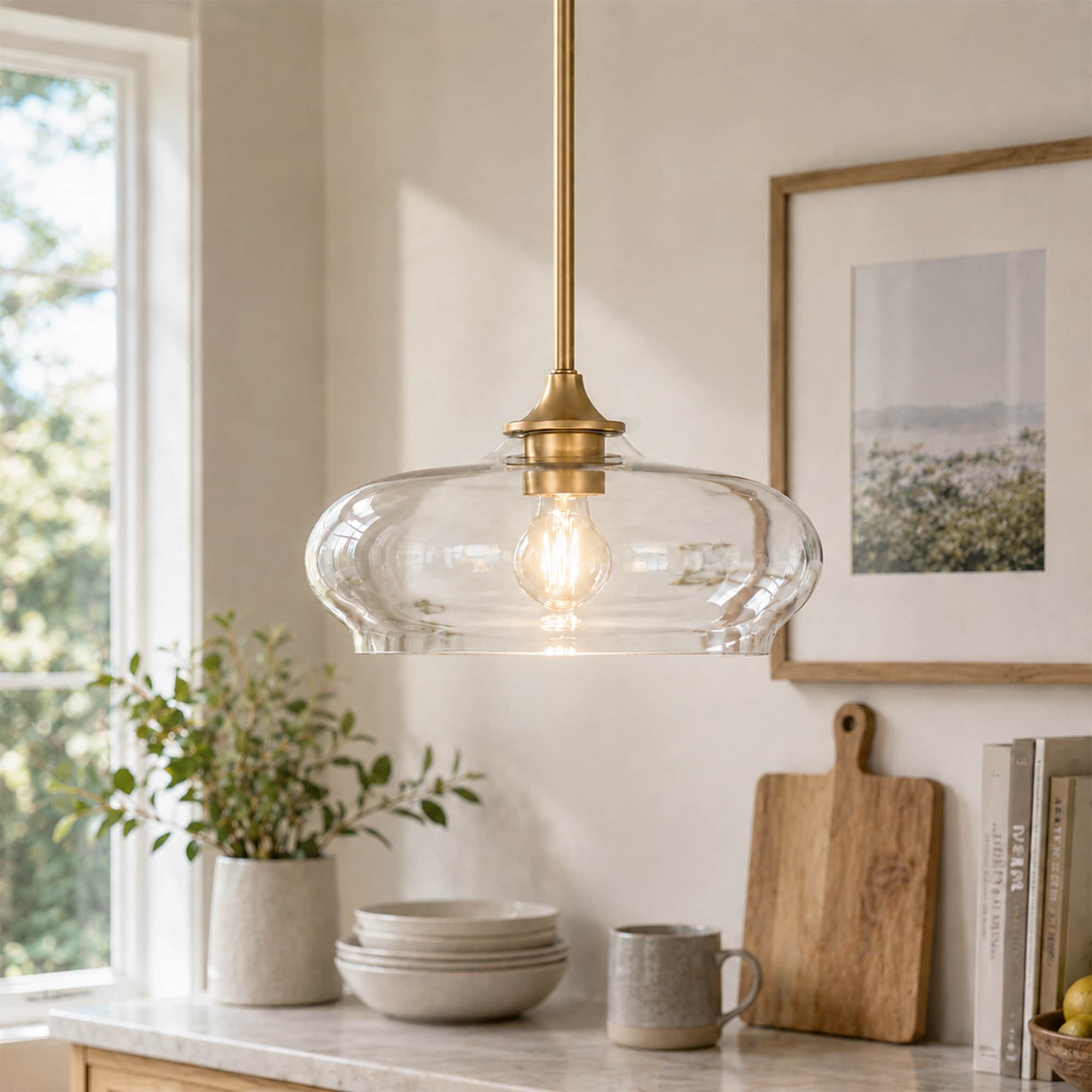 LNC Requintada 1 -Light Matte Gold and Clear Glass Bowl Modern/contemporary Clear glass Bowl Small Hanging Pendant Light