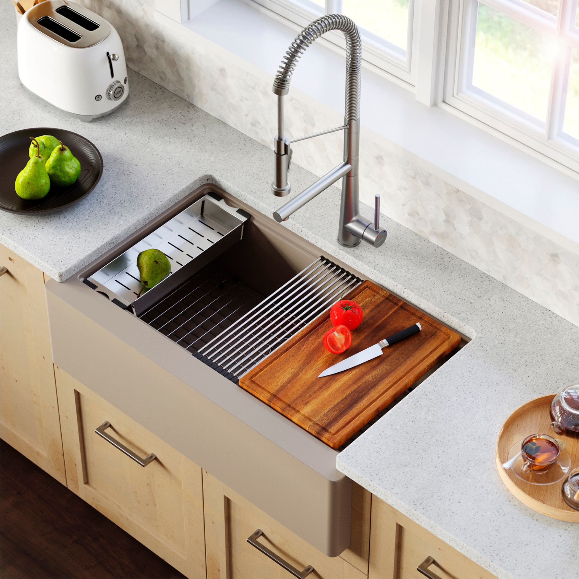 Concrete Quartz 34'' Single Bowl Farmhouse Workstation Sink