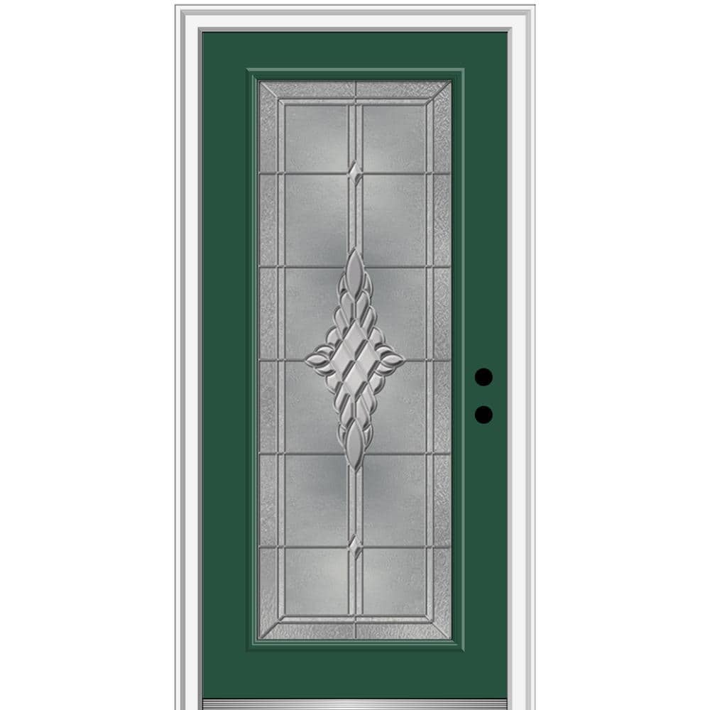 MMI DOOR ZZ3667166L 32-in x 80-in x 4-9/16-in Fiberglass Full lite Left-hand inswing Hunter Green Painted Prehung Front Door with Brickmould Insulating core