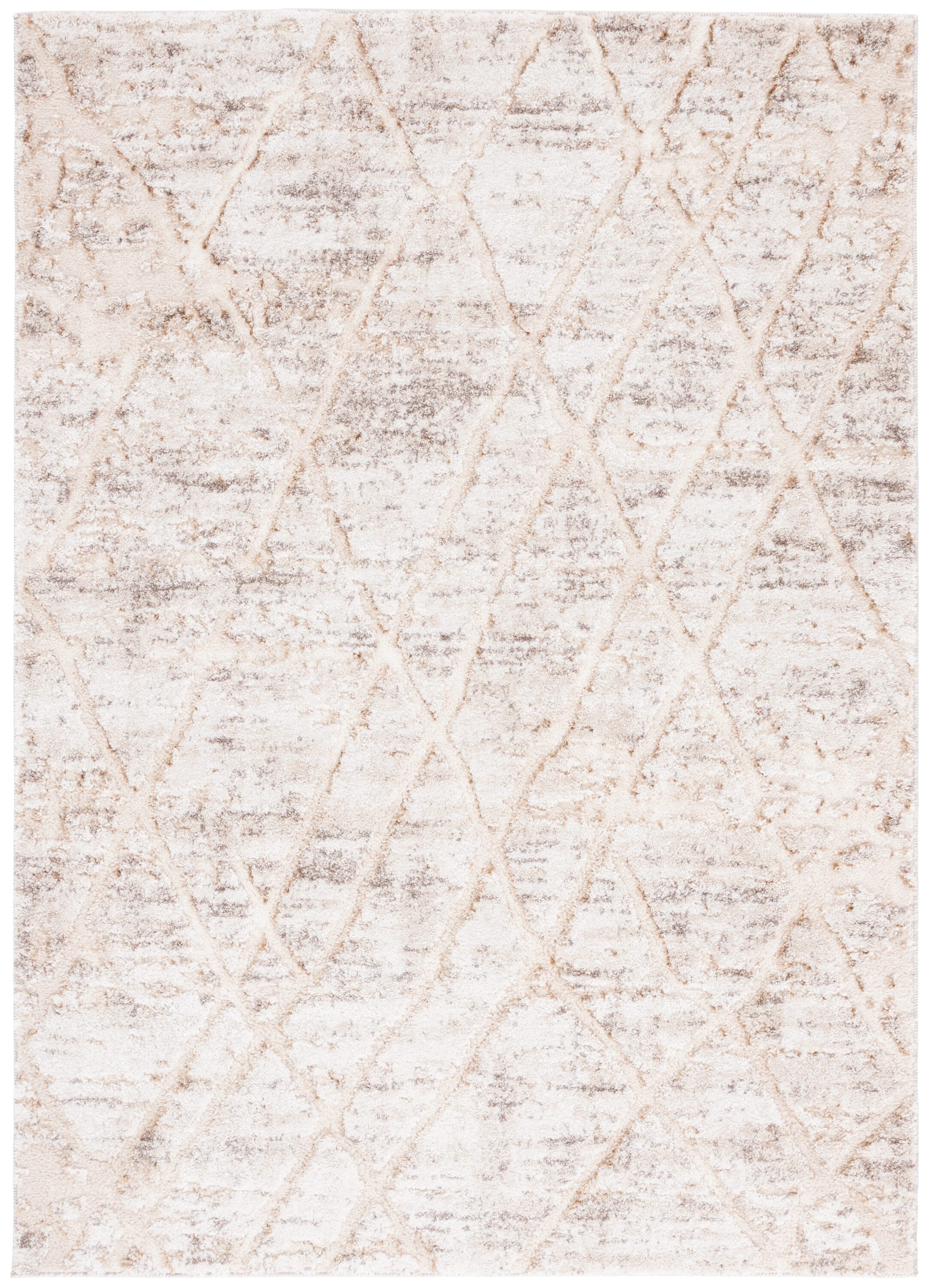 Ivory and Beige Geometric Shag Rug, 9' x 12', Synthetic