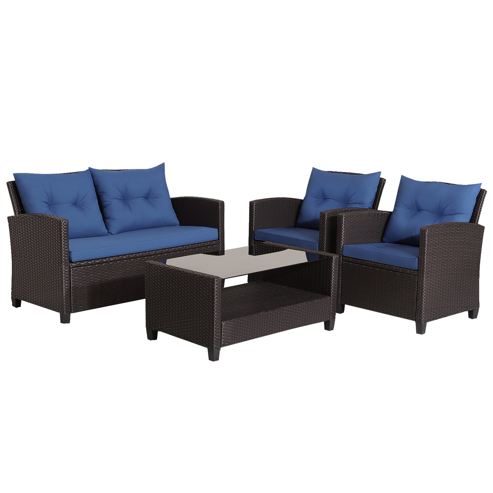 WELLFOR OUJ66742NY+ CW 4 PCS Conversation Set 4 -Piece Rattan Patio Conversation Set with Blue Cushions