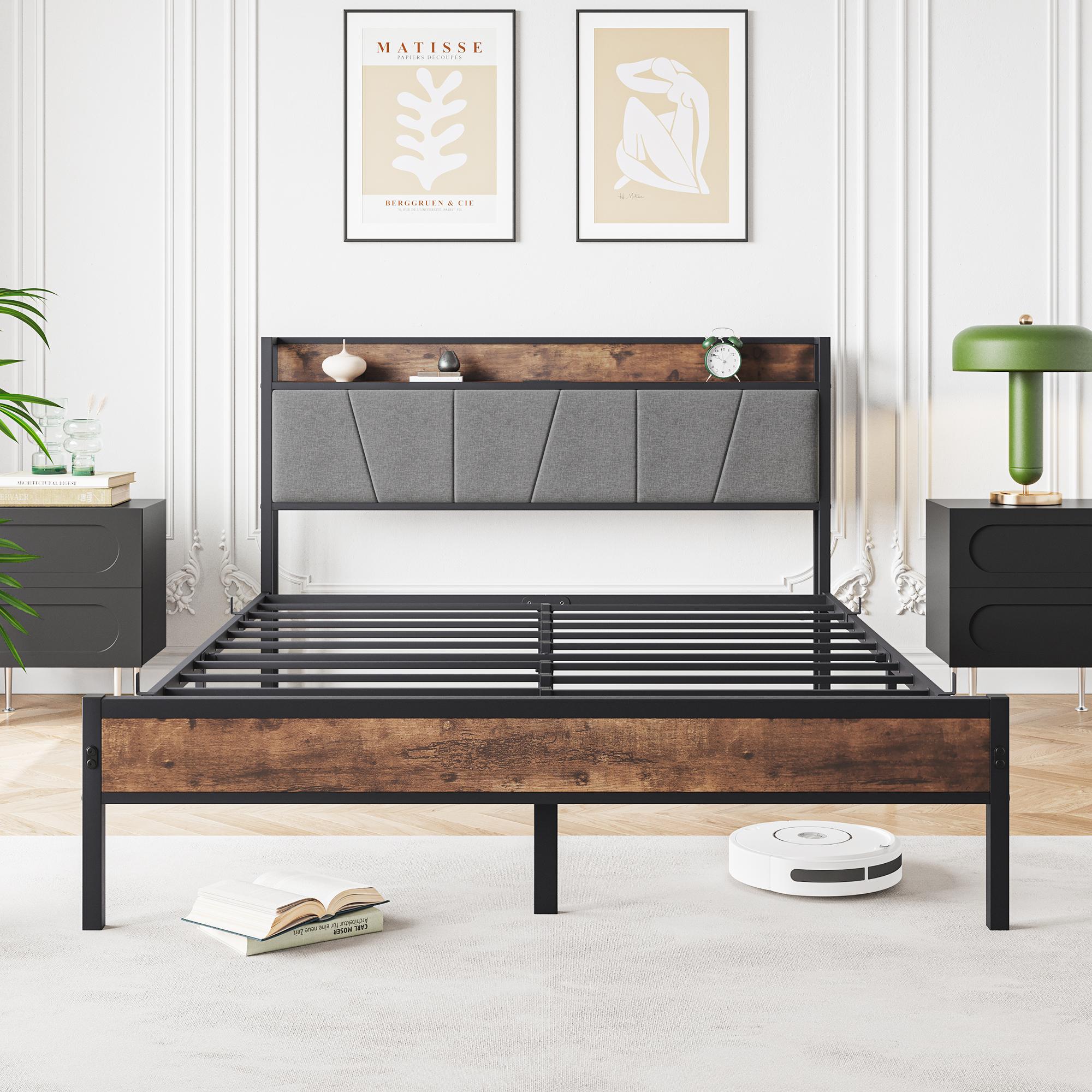 Bayfeve BF-120029-IN Vintage Brown and Gray Queen Metal Bed frame Bed with Storage