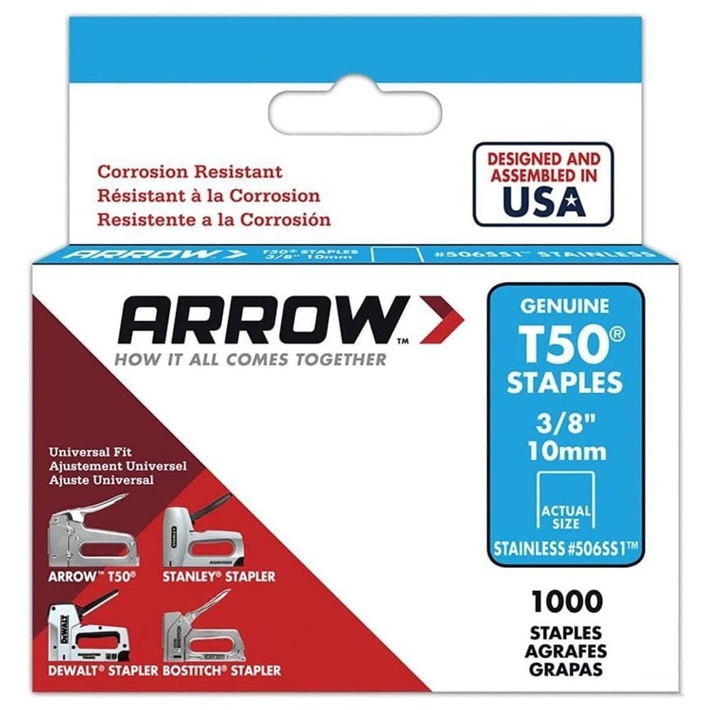 Arrow Fastener 5 Pack  506SS1 T50 3/8 Flat Crown Heavy Duty Stainless Steel Staples 1000 per Package