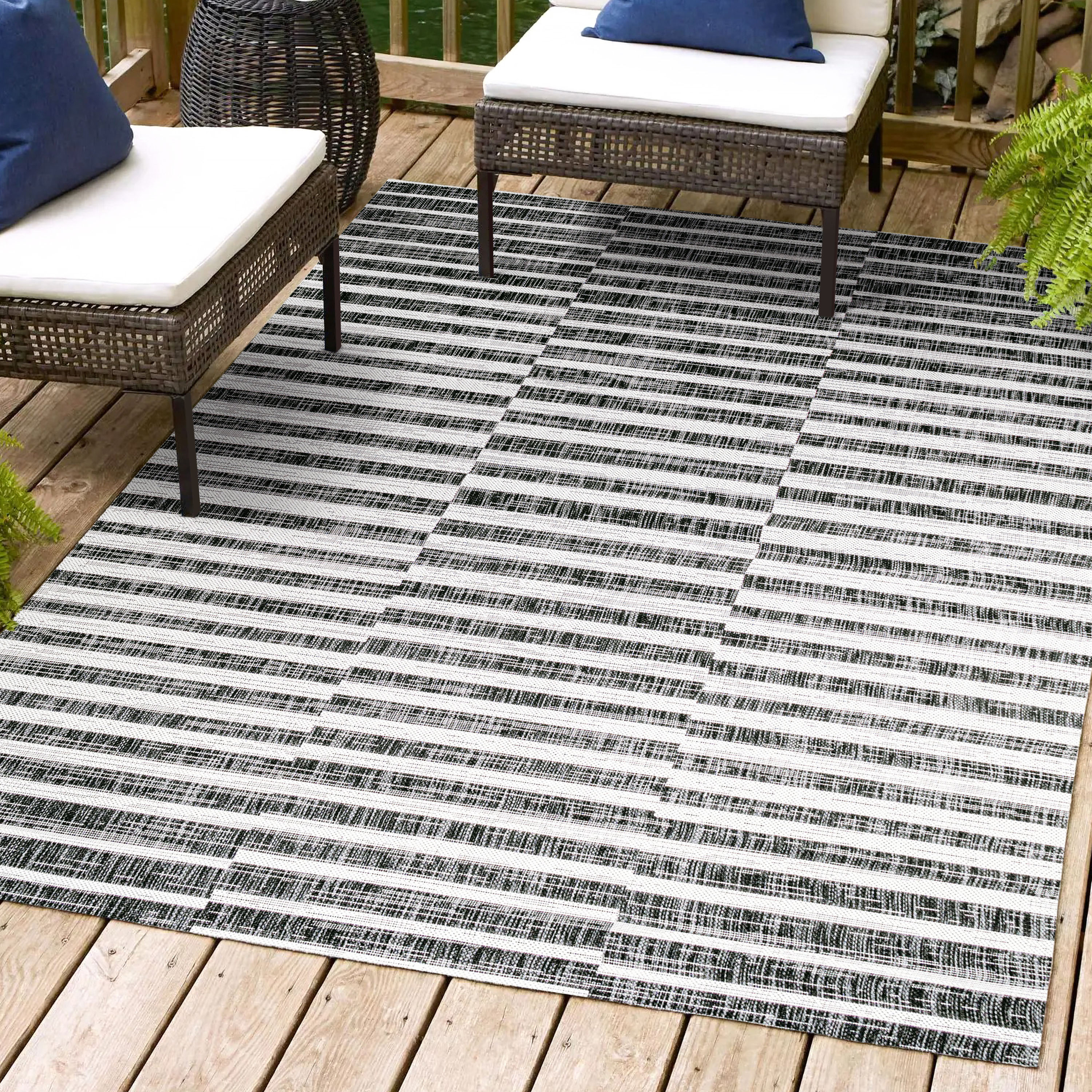Ivory and Black Stripe Synthetic 8' x 10' Easy-Care Rug
