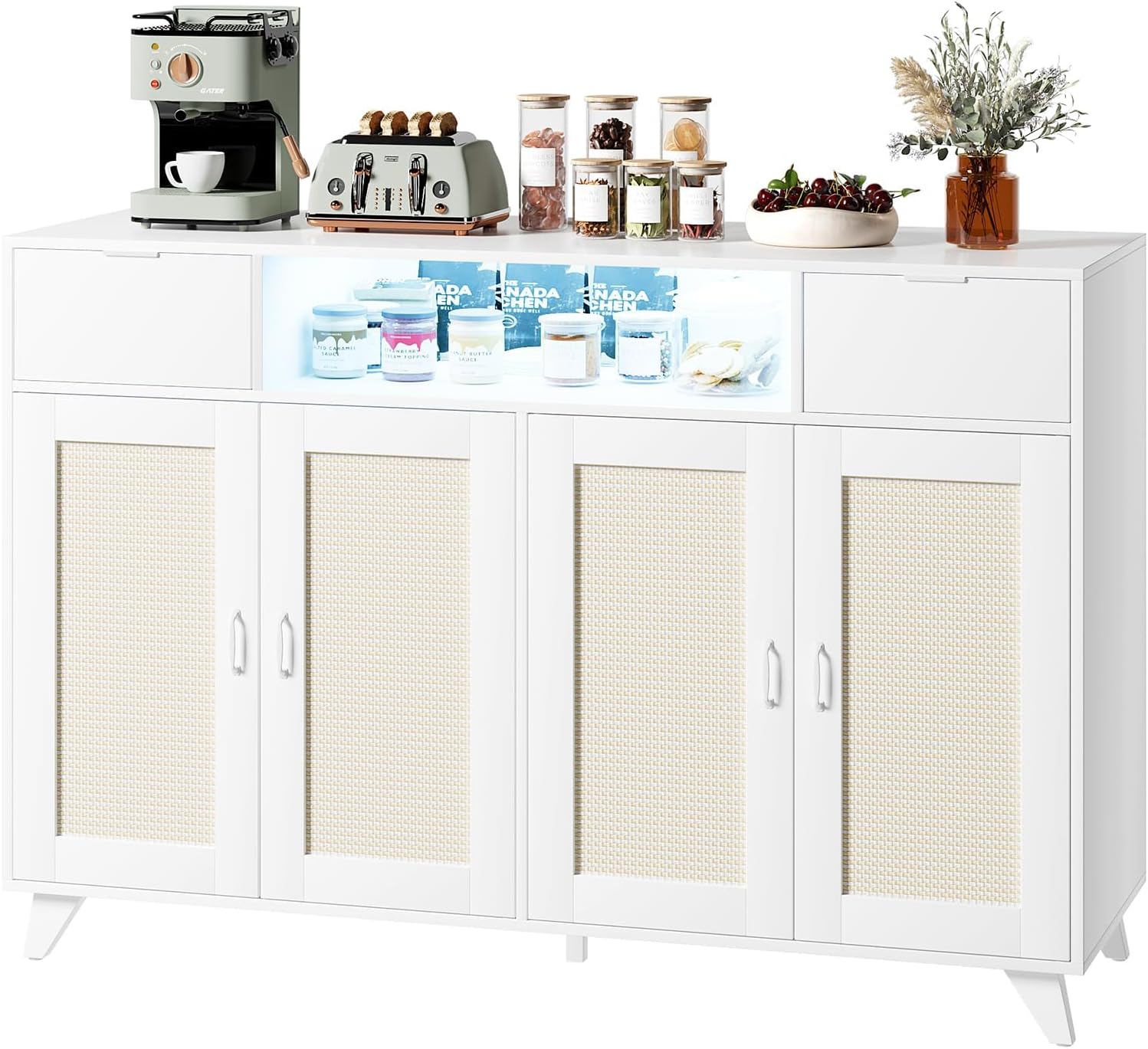 IdealHouse Classic Natural Design Sideboard Buffet Cabinet With 4 Rattan Doors 2 Drawers Built In Power Outlet USB Ports LED Lighting Adjustable Shelves Anti Tip Kit For Dining Room Living Room