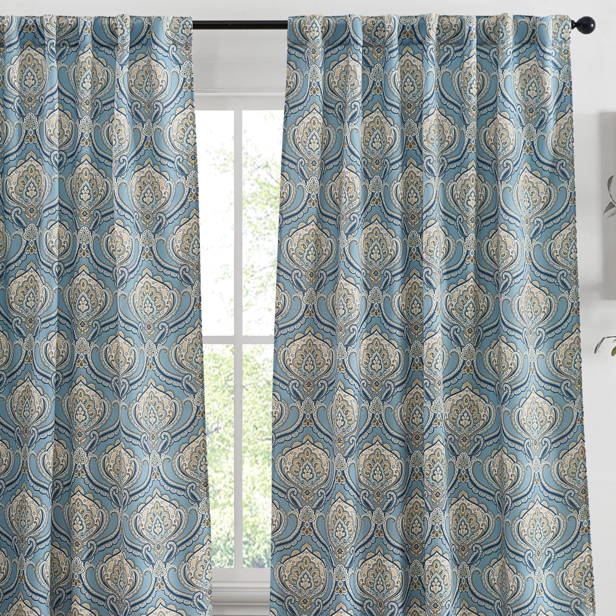 HLC.me MSNA-96-BLU/YLLW Messina Paisley Back Tab Rod Pocket Curtains - Light Filtering Darkening Window Panels - Set of 2
