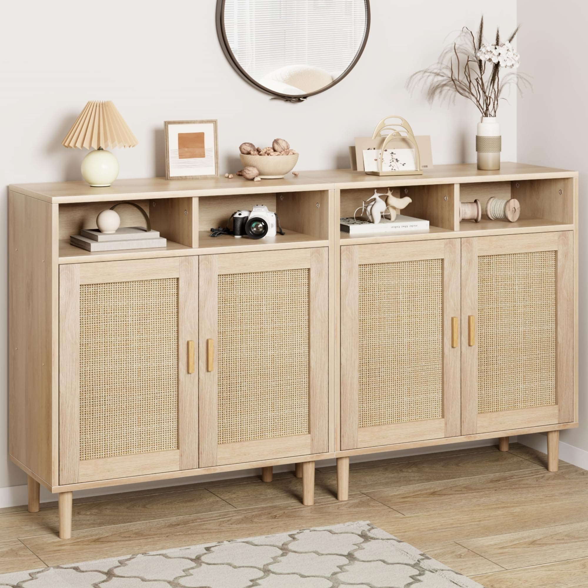 GarveeLife 2 Pack Rattan Sideboard Buffet Cabinet with 2 Doors Modern Storage for Kitchen Dining and Coffee Bar
