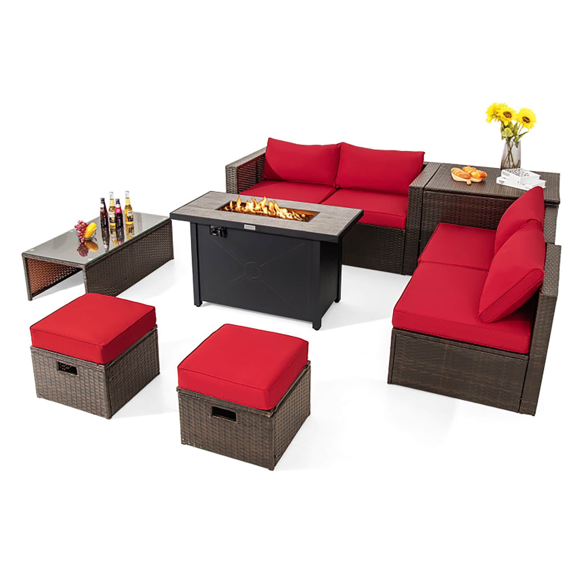 CASAINC WF-PS804 Outdoor Sofa Fire Pit Table Set 9 -Piece Rattan 2 Patio Sofa Conversation Set with Red Cushions