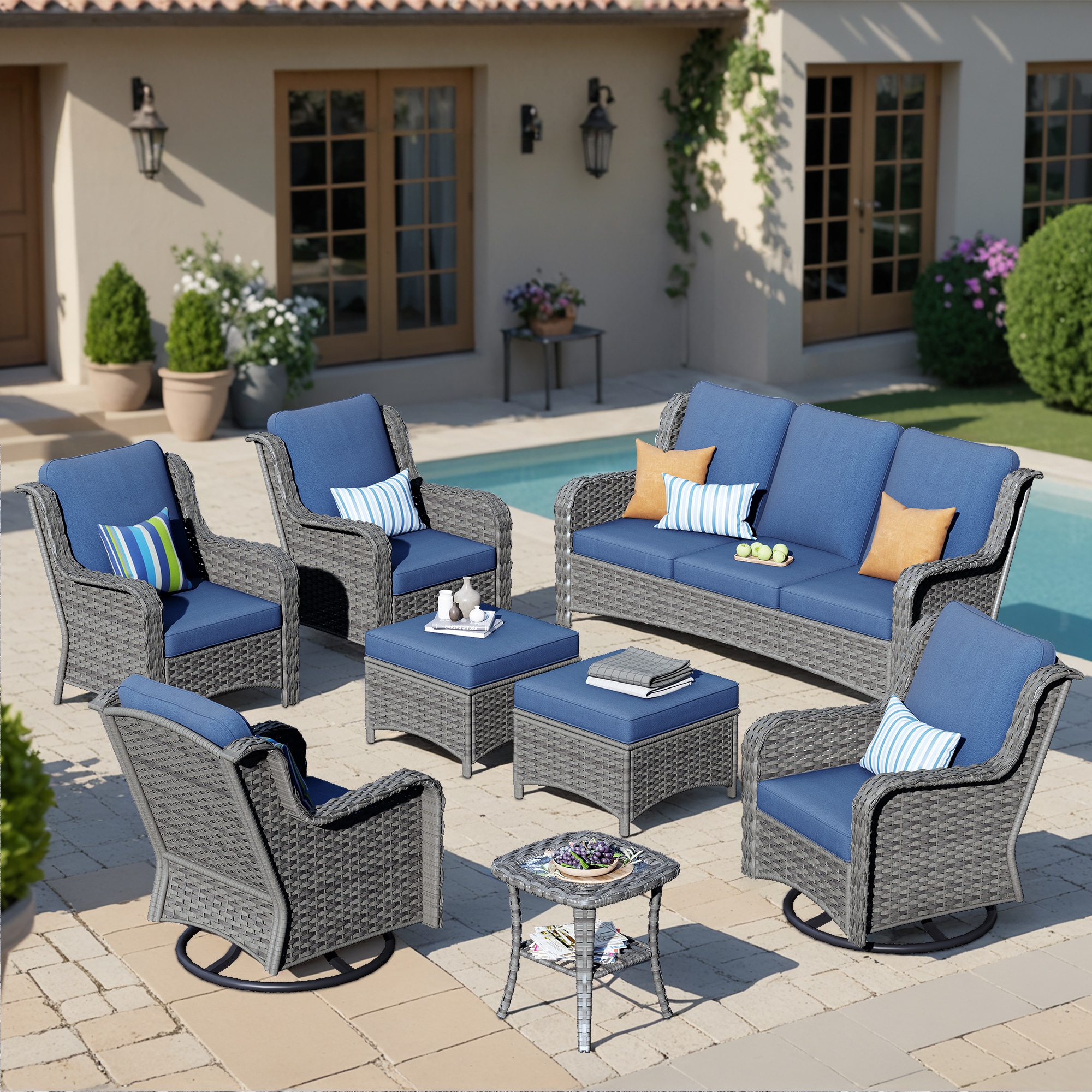 Ovios GNTC-308Y 8-Piece Wicker Patio Sofa Conversation Set with Blue Cushions