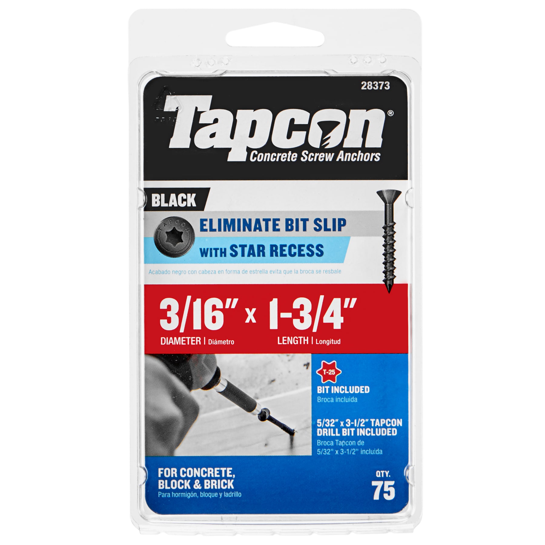 Tapcon 28373 3/16-in x 1-3/4-in Concrete Screws Anchors 75 -Pack
