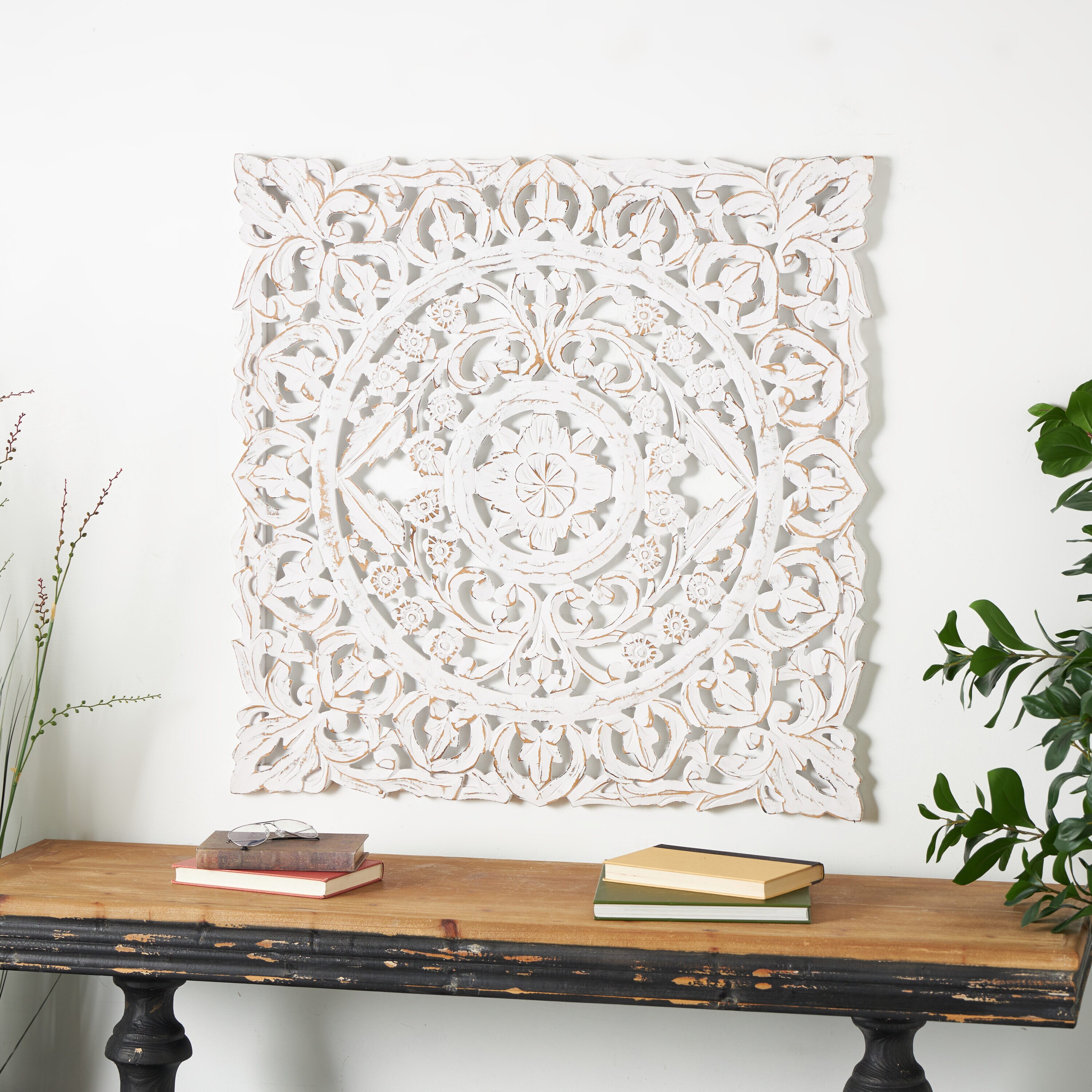 Whitewashed Wood Botanical Carved Wall Panel, 36" Square