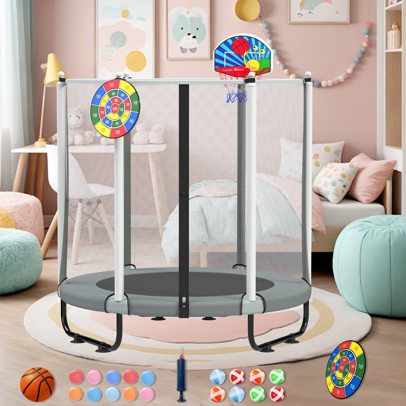 Jumpfly T0503S6OGY 60 inch Trampoline for Kids 5 FT Indoor and Outdoor Toddler Baby Trampoline with Basketball Hoop Safety Enclosure Birthday Gifts for Kids Gifts for Boy and Girl