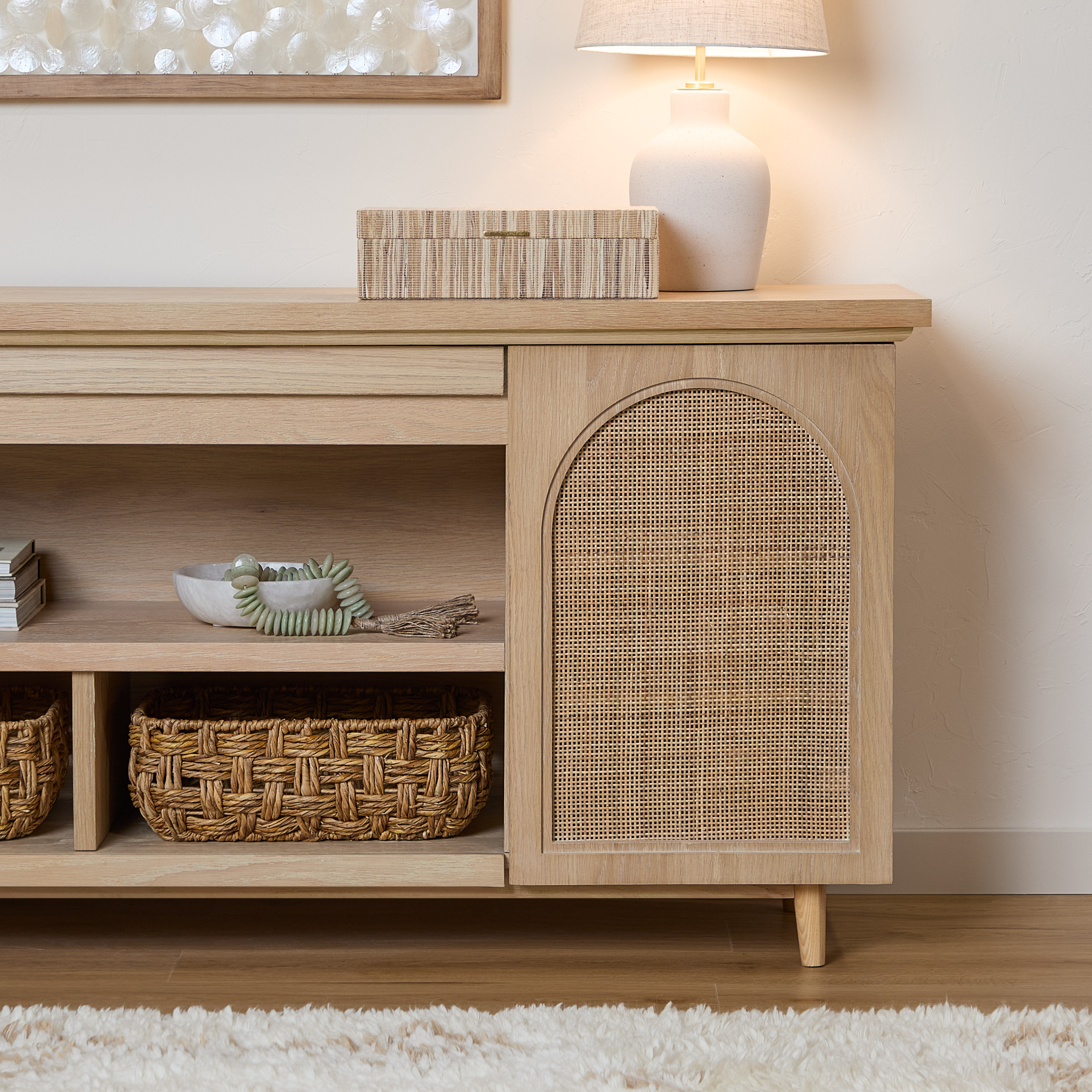 Dahlia 76" White Oak TV Stand with Fireplace and Cabinet