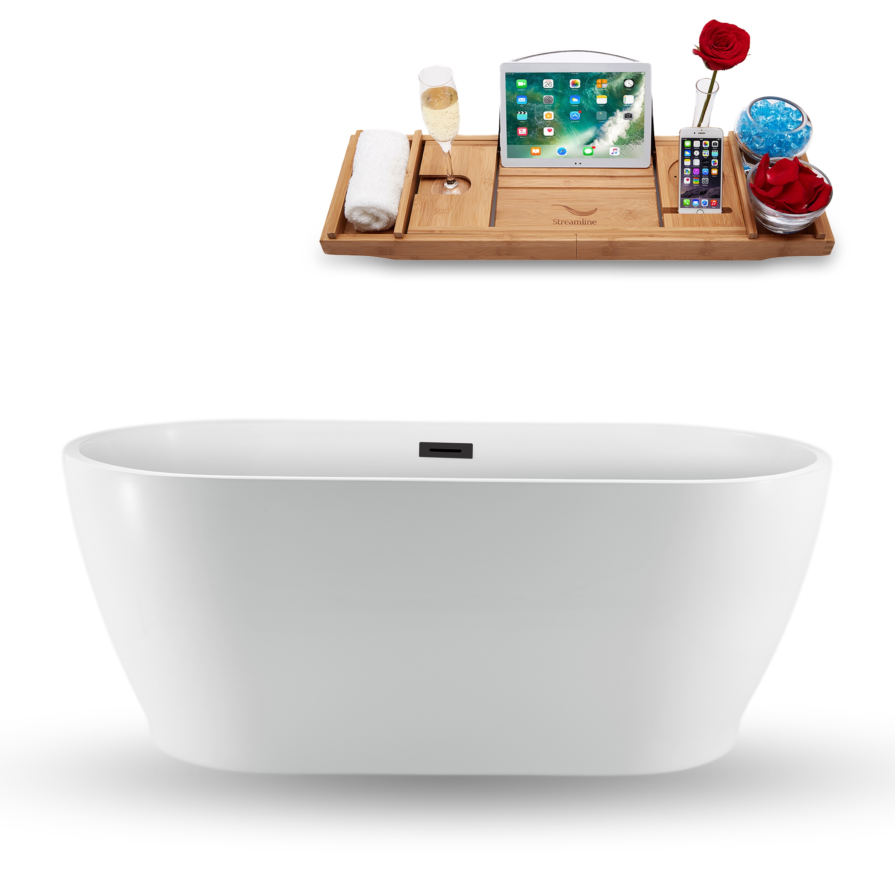 Streamline N880BL 28.3-in x 59.1-in Glossy White Acrylic Oval Freestanding Soaking bathtub with Drain ( Center Drain )