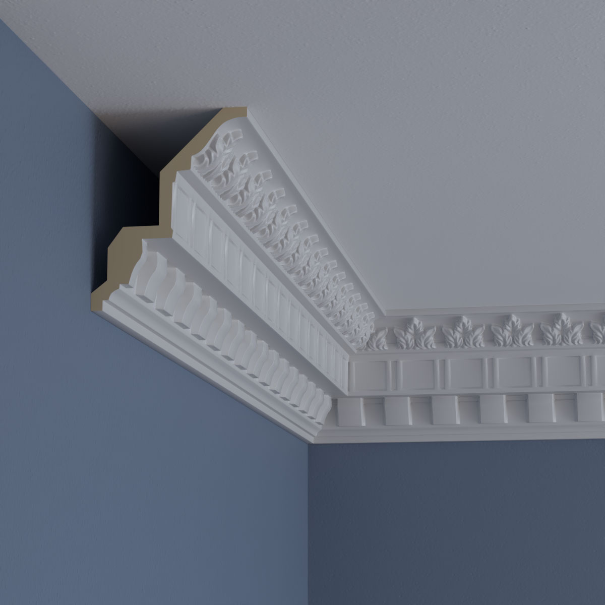 5"H x 3 7/8"P x 6 3/8"F x 94 1/2"L, (2" Repeat), Dentil and Leaf Crown Moulding
