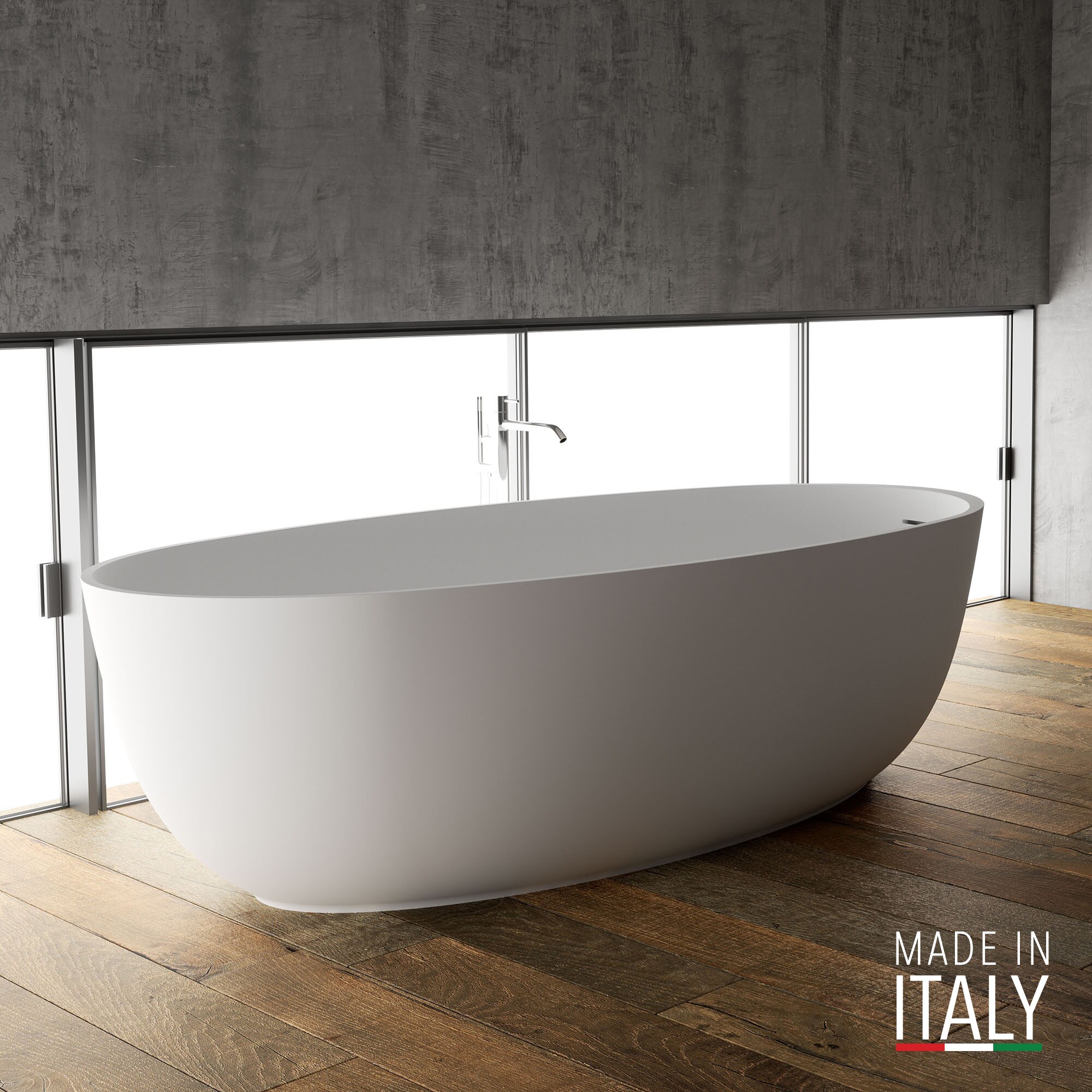 Matte White Oval Freestanding Solid Surface Bath Tub, 66-inch