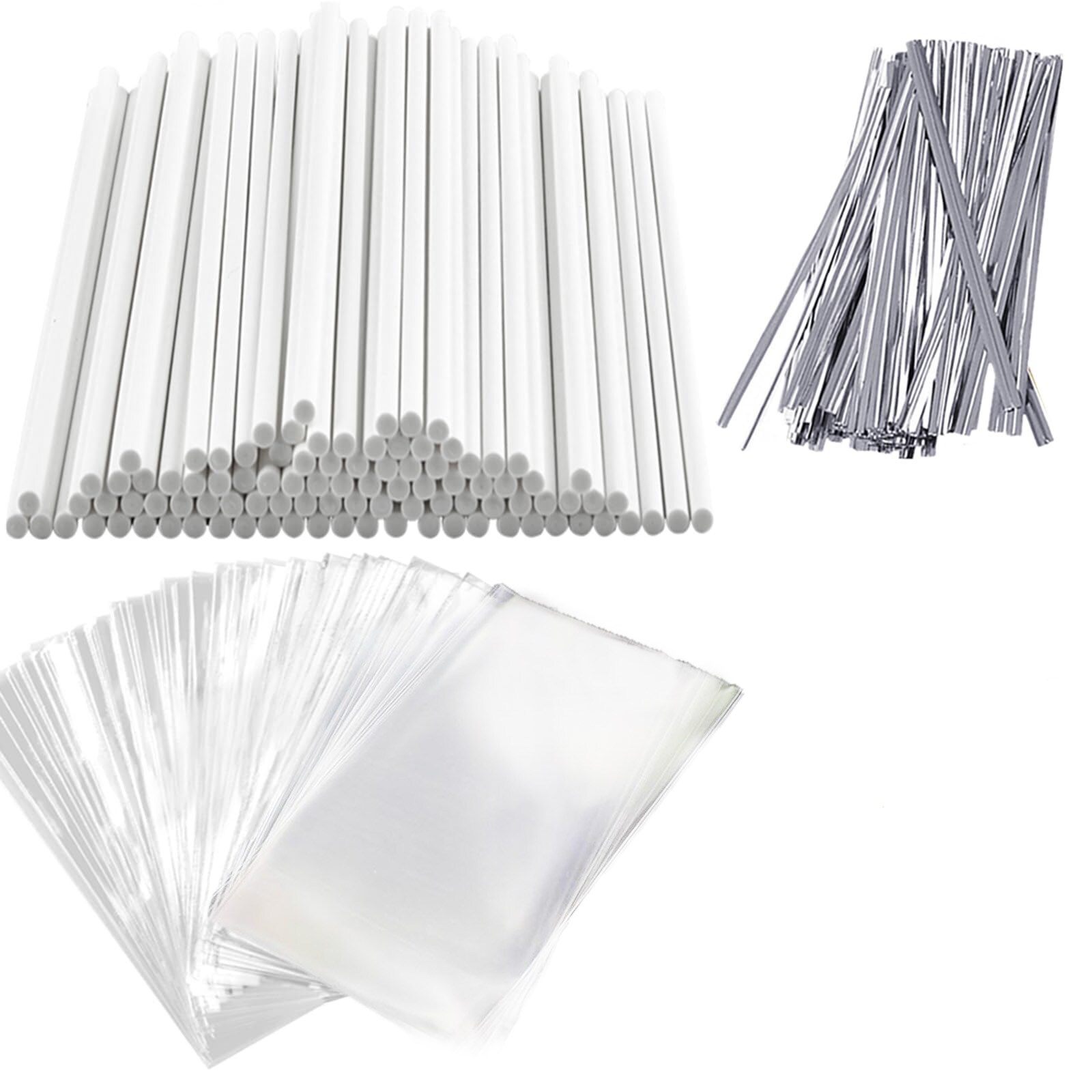 Etokfoks  360 piece cake pop packaging kit with 120 six inch paper lollipop sticks 120 clear parcel bags and 120 silver twist ties for